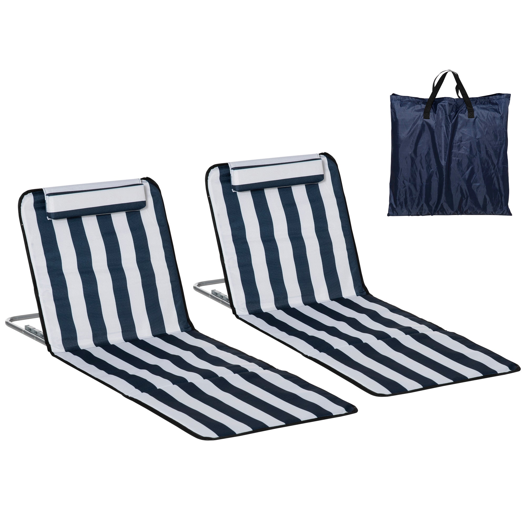Folding Beach Lounger with Cushion — 5-Position Adjustable Backrest, Includes Carry Bag for Garden, Holidays, Outdoors, Beach & Pool, Blue (Set of 2)