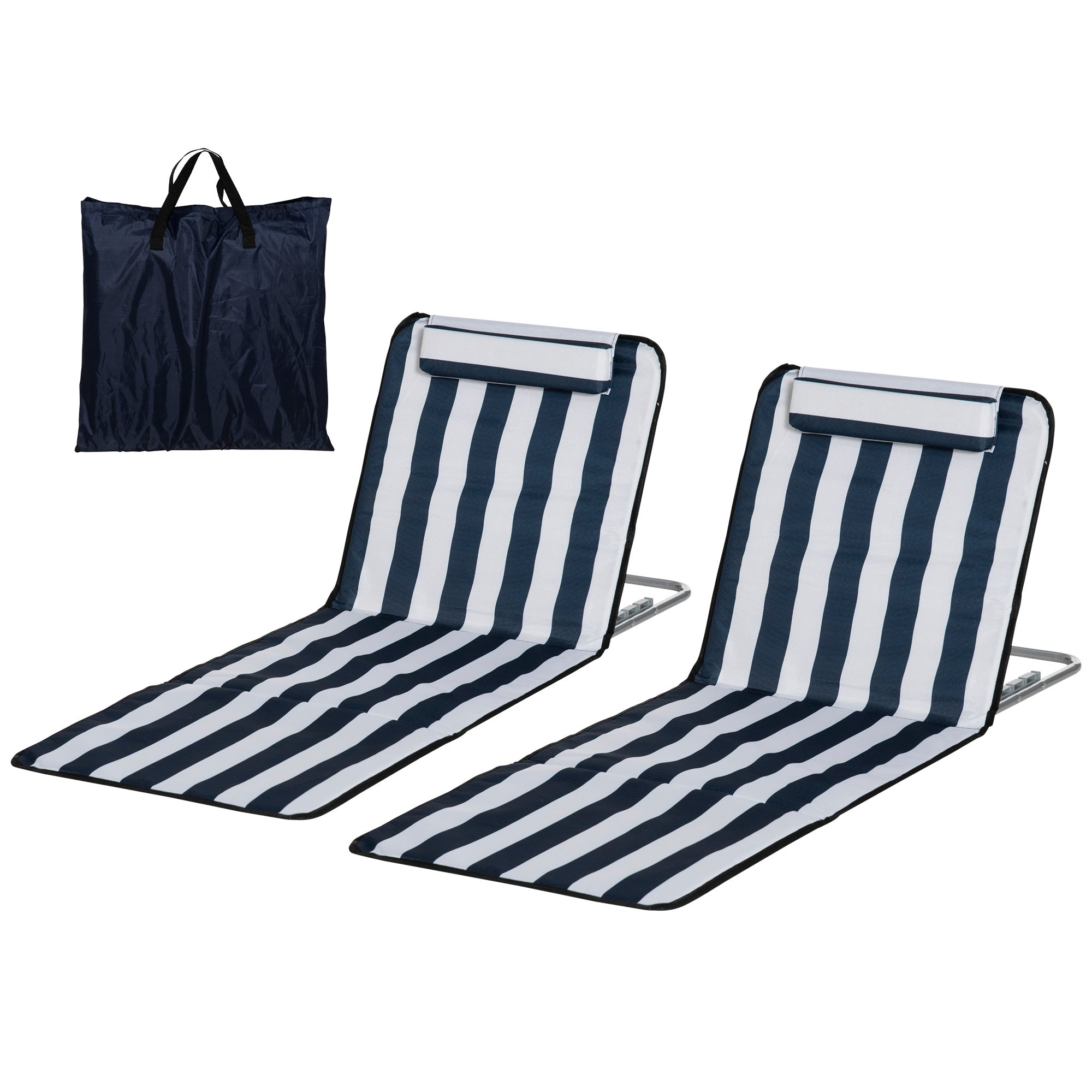 Folding Beach Lounger with Cushion — 5-Position Adjustable Backrest, Includes Carry Bag for Garden, Holidays, Outdoors, Beach & Pool, Blue (Set of 2)