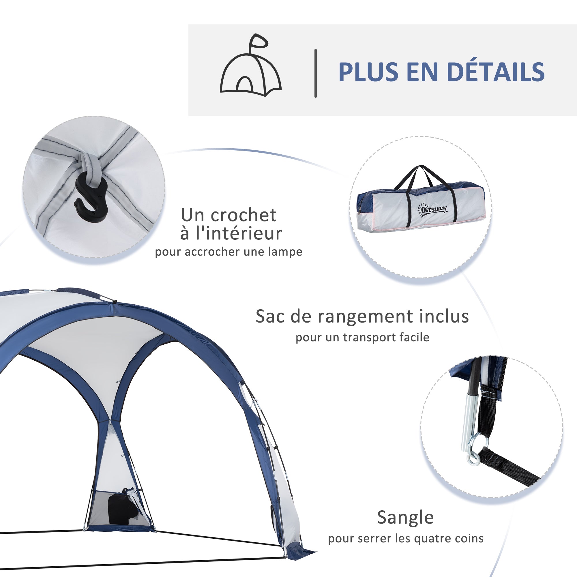 Family Dome Camping Tent for 6-8 People with 4 Zippered Mesh Doors, Removable Oxford Cloth, Hook for Lamp, Carrying Bag 350L x 350W x 230H cm - white and blue