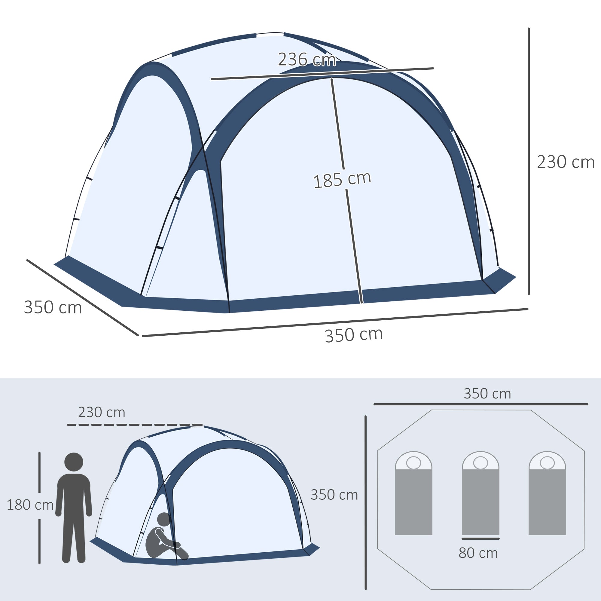 Family Dome Camping Tent for 6-8 People with 4 Zippered Mesh Doors, Removable Oxford Cloth, Hook for Lamp, Carrying Bag 350L x 350W x 230H cm - white and blue