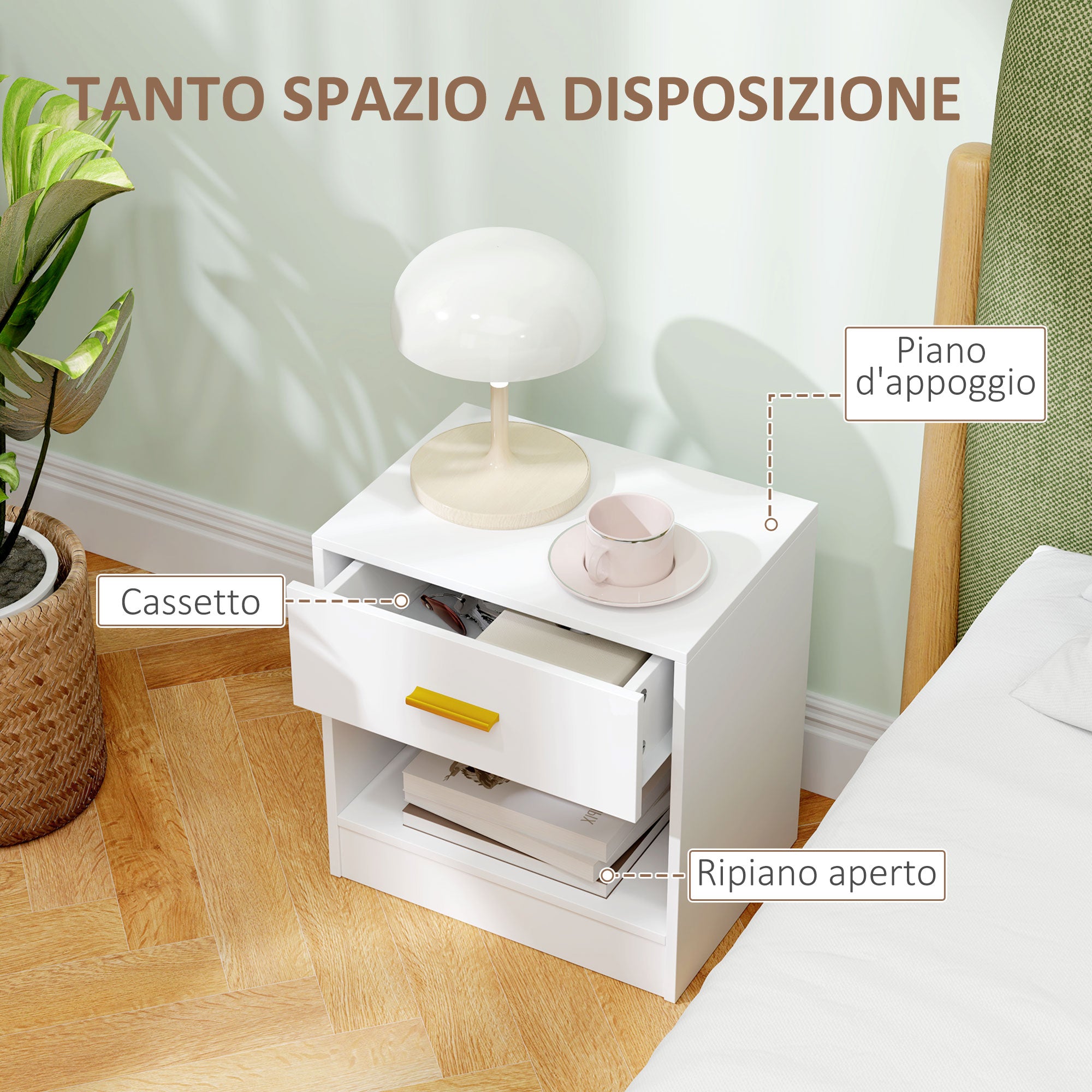 Set of 2 Modern Bedside Tables with Drawer and Open Shelf, Particle Board Bedside Tables, 39x28x41 cm, White