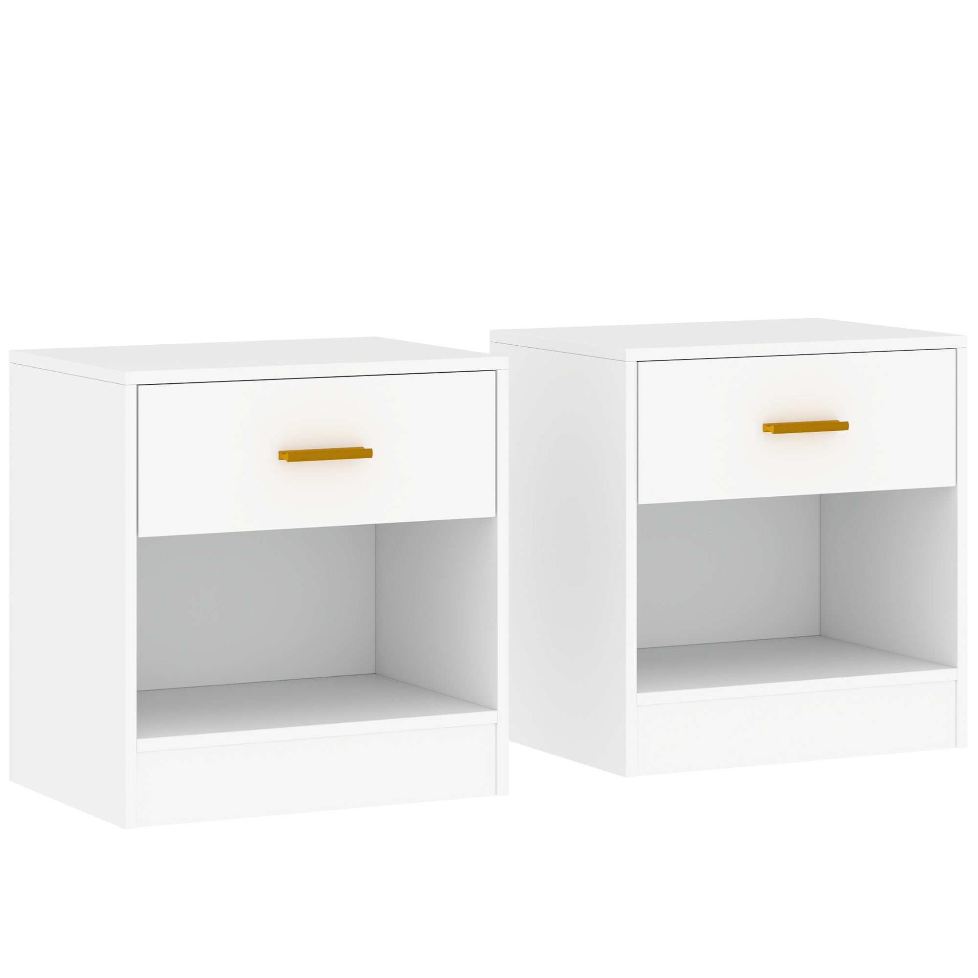 Set of 2 Modern Bedside Tables with Drawer and Open Shelf, Particle Board Bedside Tables, 39x28x41 cm, White