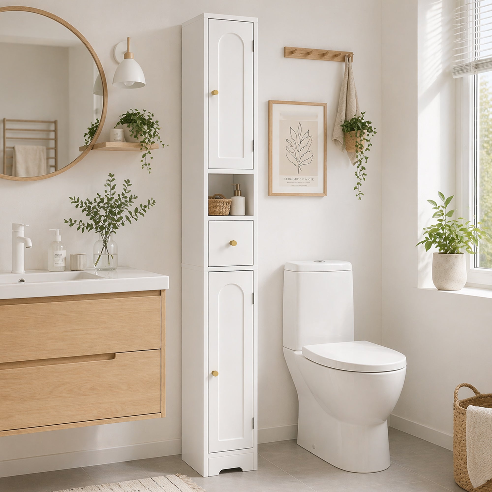 Slim Tall Bathroom Cabinet with Drawer, Arched Doors & Open Shelf, Adjustable Shelves — 7.9 in W x 7.9 in D x 72.8 in H (20 x 20 x 185 cm), White