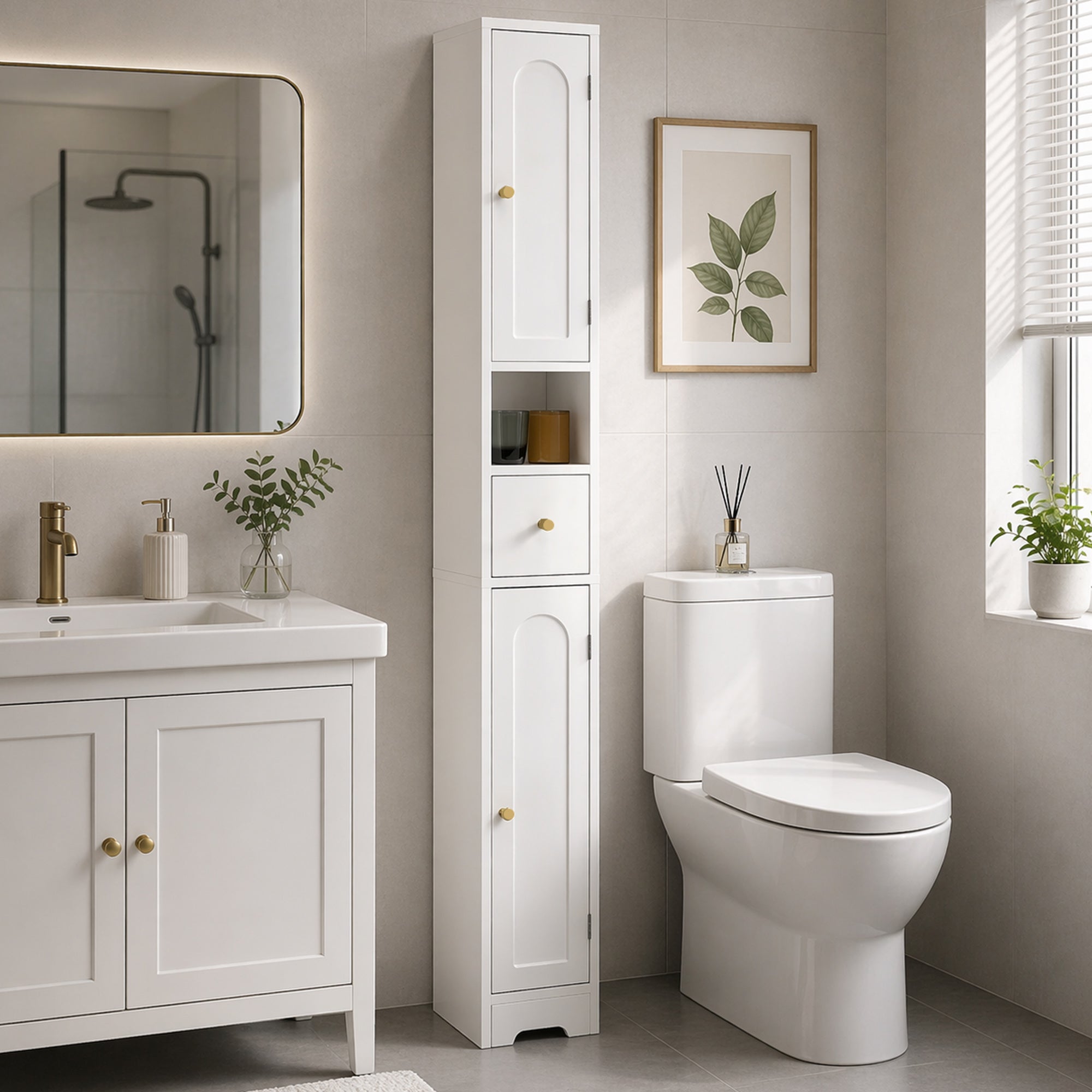 Slim Tall Bathroom Cabinet with Drawer, Arched Doors & Open Shelf, Adjustable Shelves — 7.9 in W x 7.9 in D x 72.8 in H (20 x 20 x 185 cm), White
