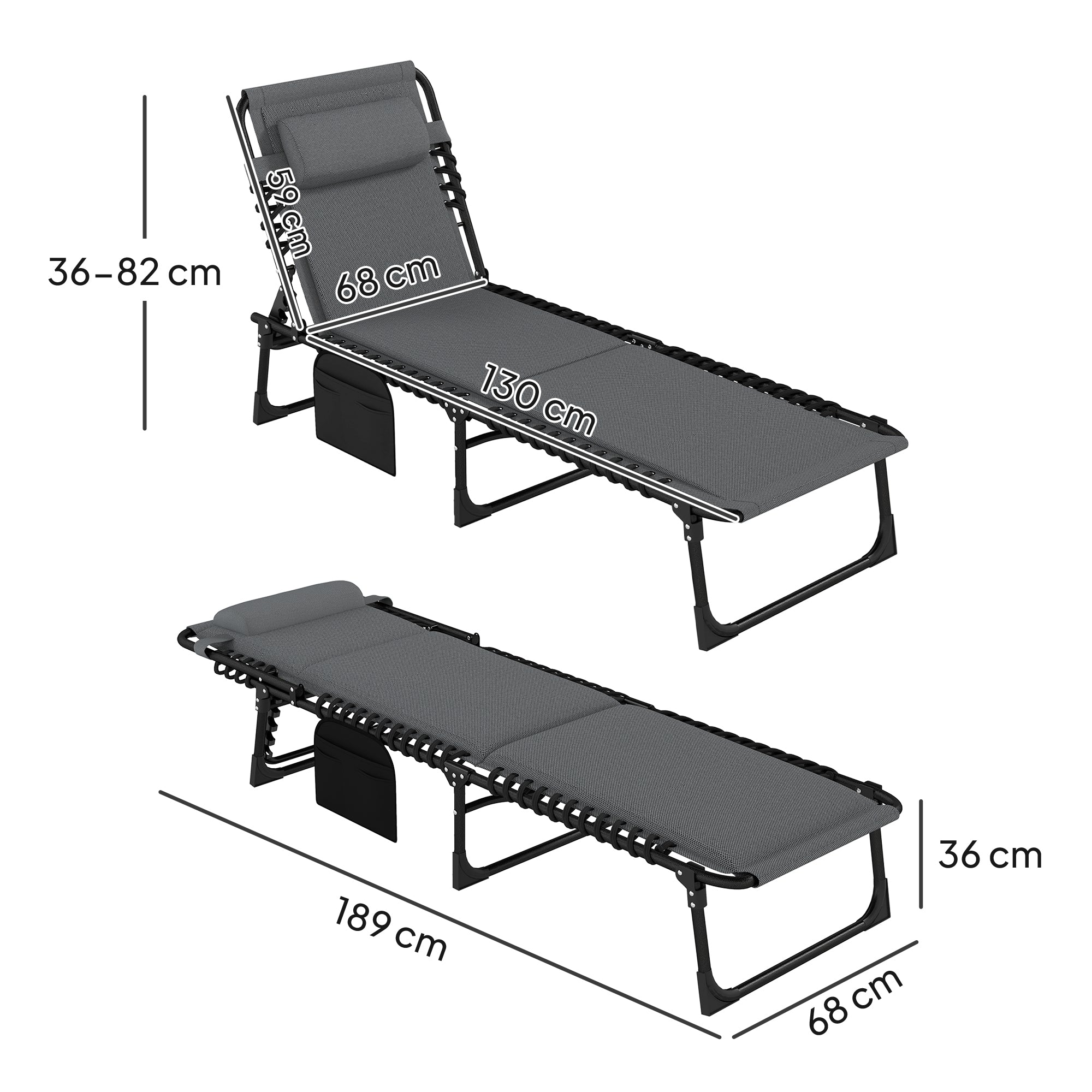 Foldable Sun Lounger Garden Lounger with Headrest Side Pocket, Padded Sun Lounger with 5-Position Adjustable Backrest, Weatherproof Camping Lounger up to 120 kg Load, for Garden Beach Dark Gray