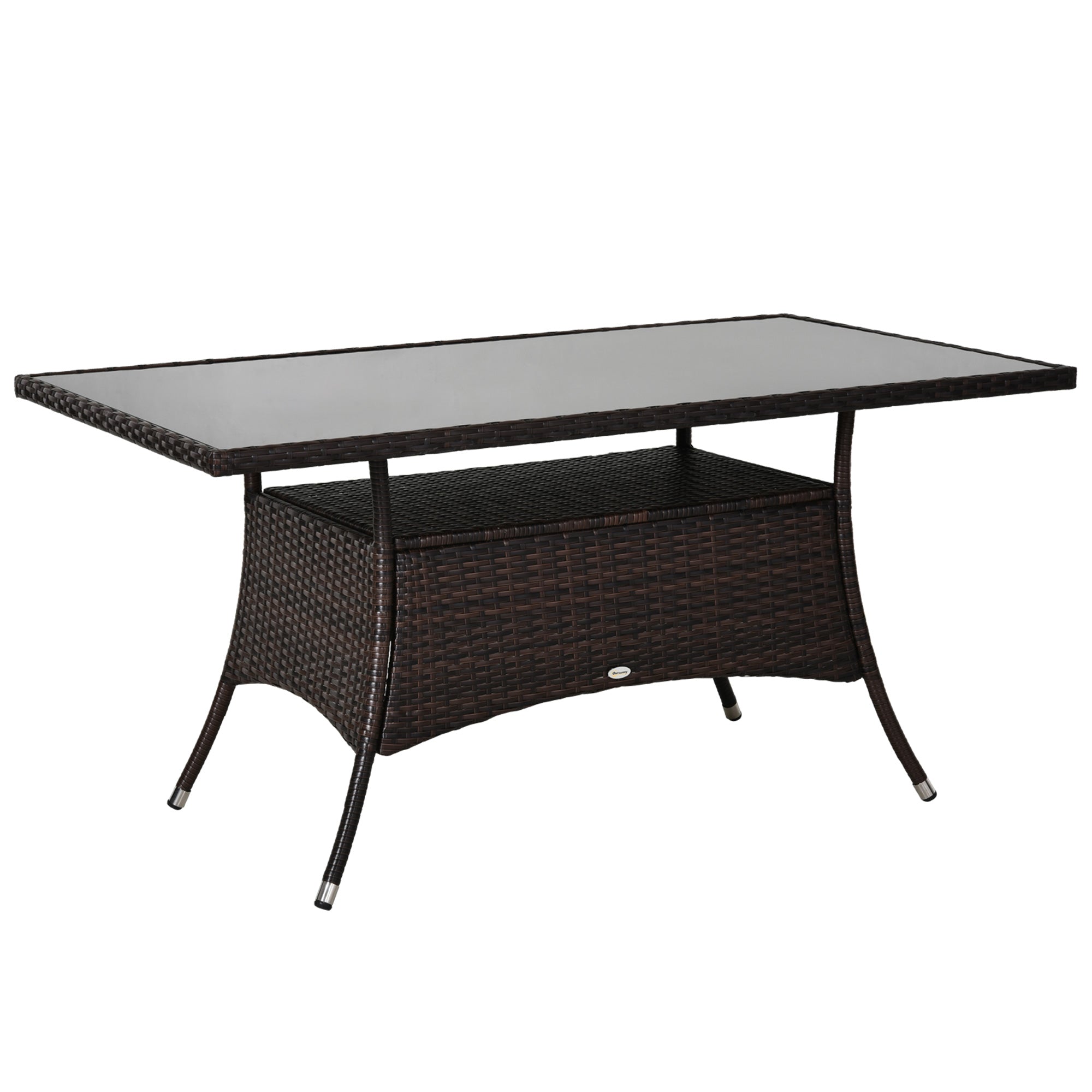 Garden Table Glass Dining Table Patio Furniture, Rattan+Safety Glass, Brown+Black, 150x85x74cm