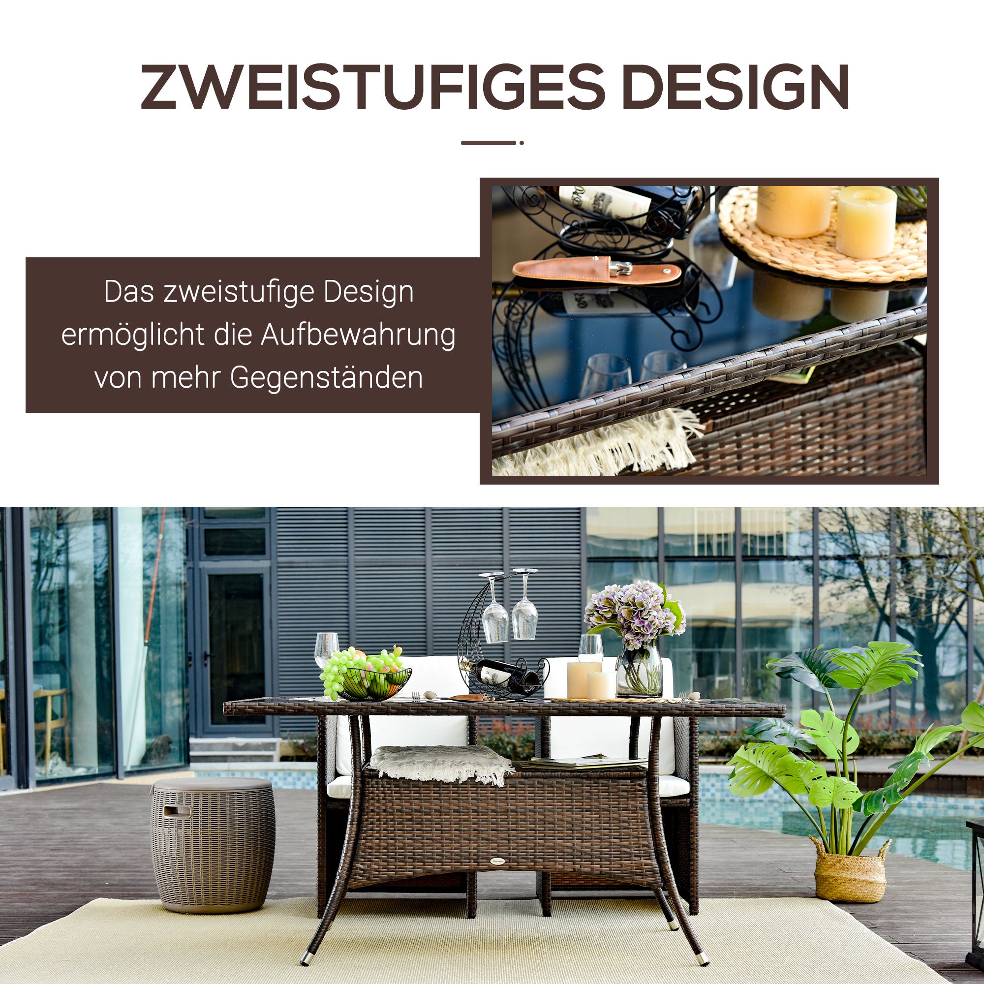 Garden Table Glass Dining Table Patio Furniture, Rattan+Safety Glass, Brown+Black, 150x85x74cm