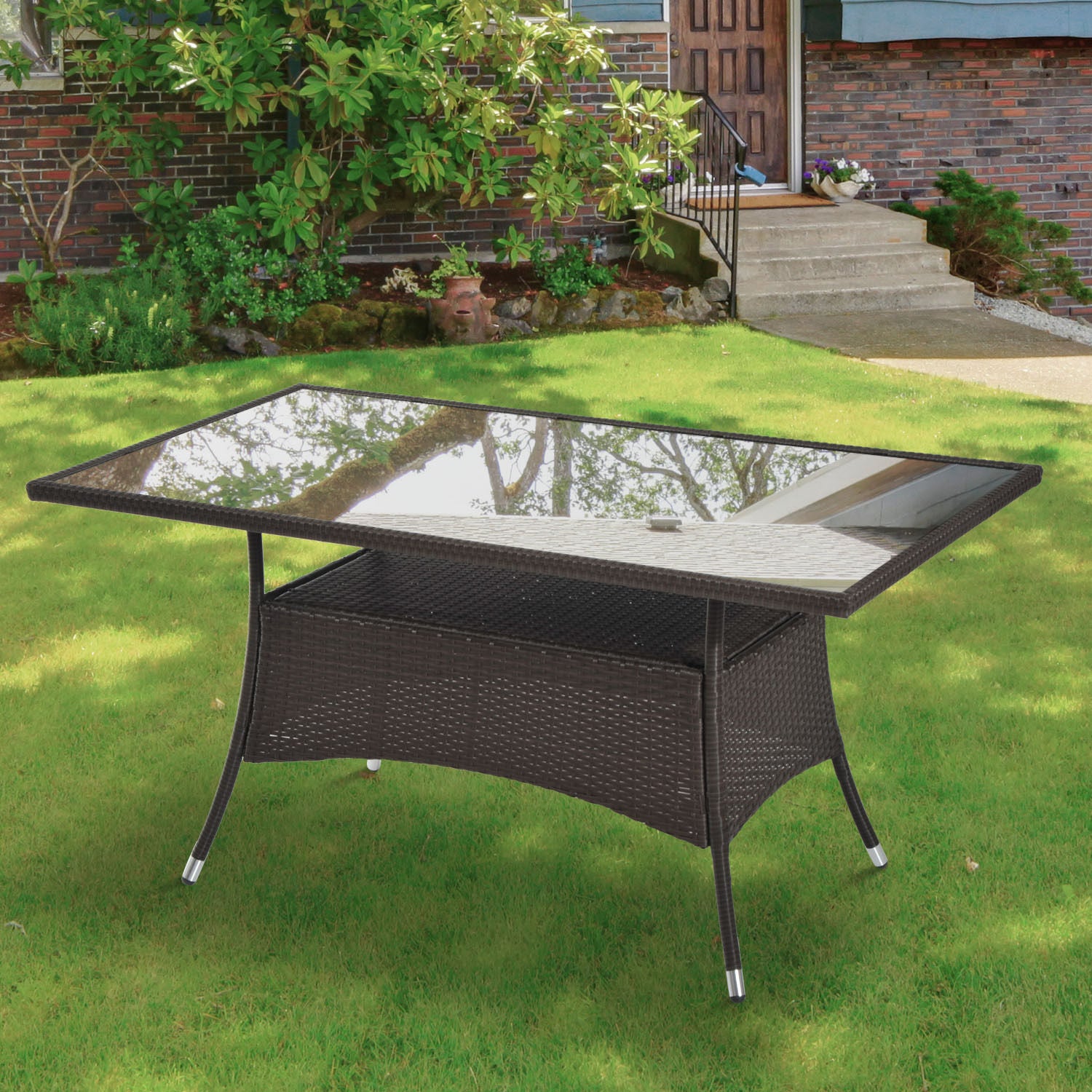 Garden Table Glass Dining Table Patio Furniture, Rattan+Safety Glass, Brown+Black, 150x85x74cm