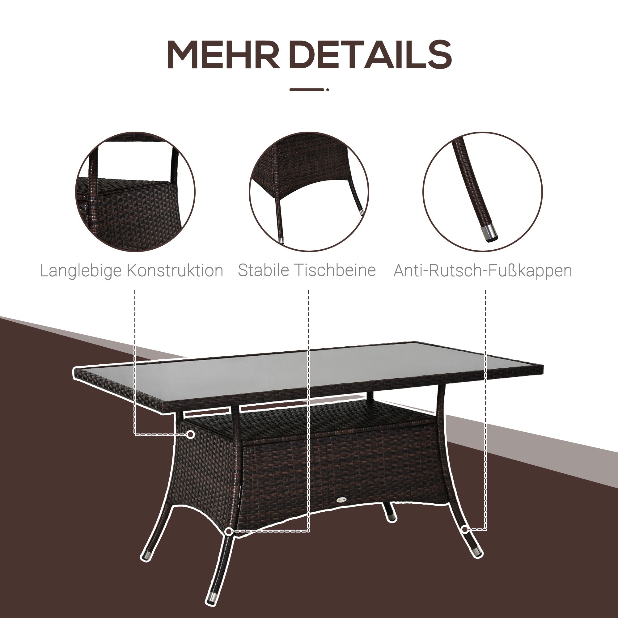 Garden Table Glass Dining Table Patio Furniture, Rattan+Safety Glass, Brown+Black, 150x85x74cm