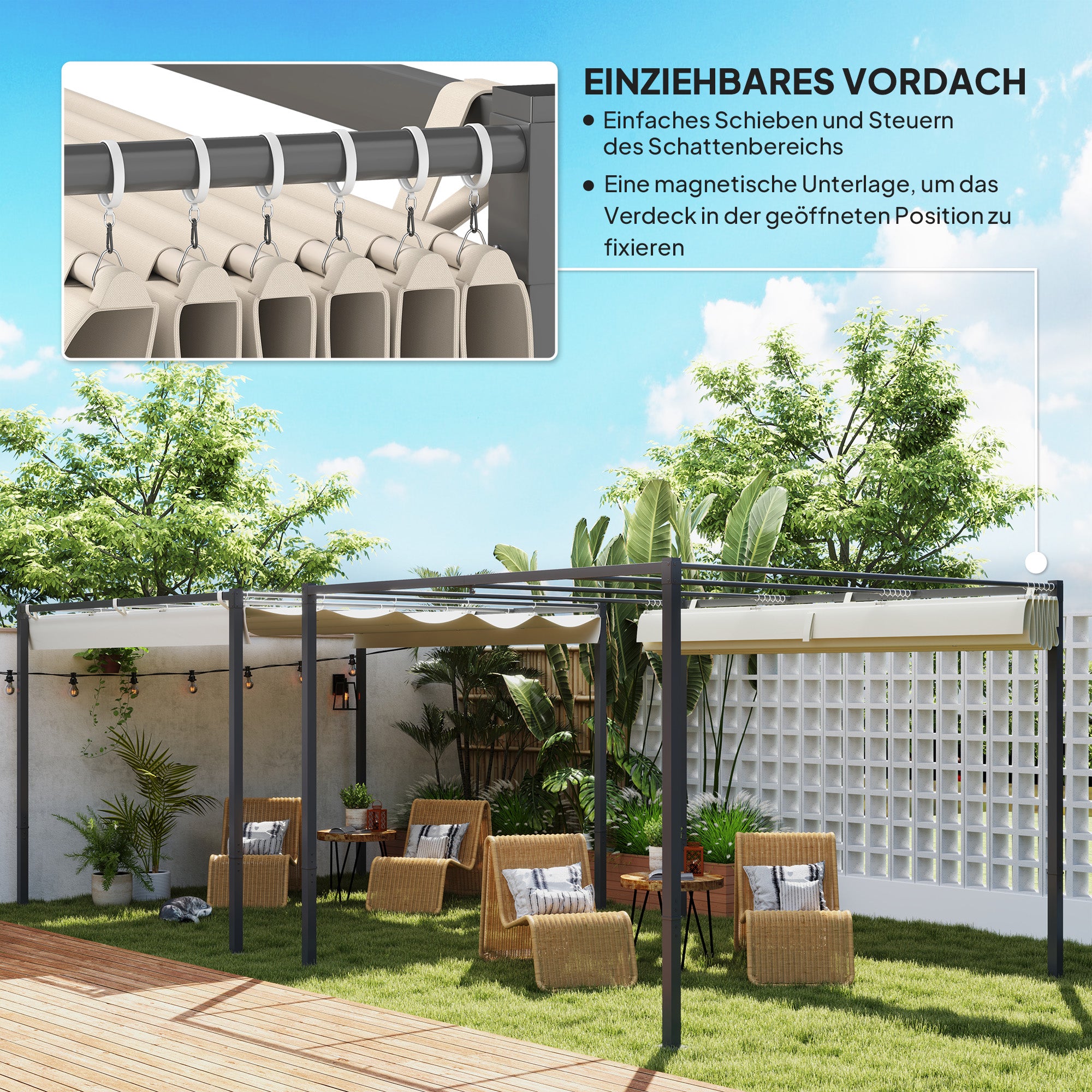 Pergola approx. 3x3m Garden Pavilion with Magnetic Pad Metal Gazebo, Adjustable Roof, Freestanding, UV Protection 30+, for Terrace and Garden, Beige