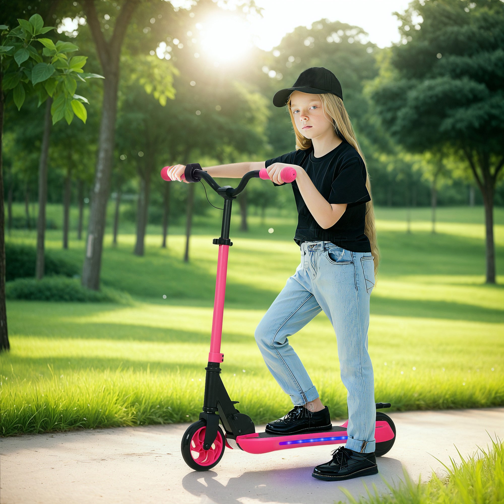 SPORTNOW Folding Electric Scooter MAX 10 KM/H Electric Skateboard for +6 Years 120 W Motor Range 6 KM 5" - 5.5" Wheels Rear Brake Adjustable Height LED Lights and Pink Aluminum Frame