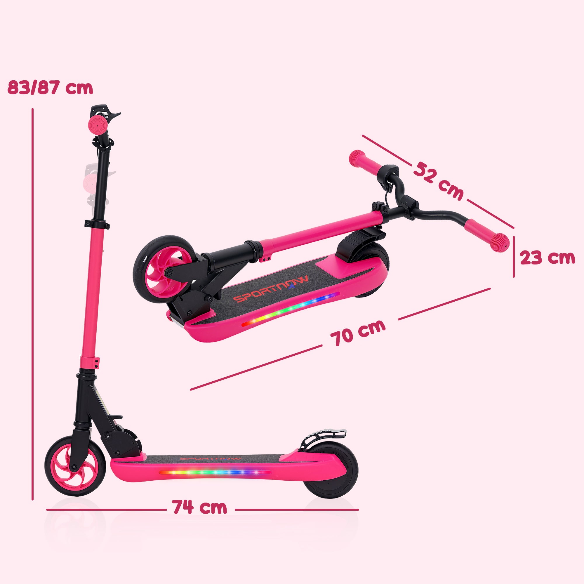 SPORTNOW Folding Electric Scooter MAX 10 KM/H Electric Skateboard for +6 Years 120 W Motor Range 6 KM 5" - 5.5" Wheels Rear Brake Adjustable Height LED Lights and Pink Aluminum Frame