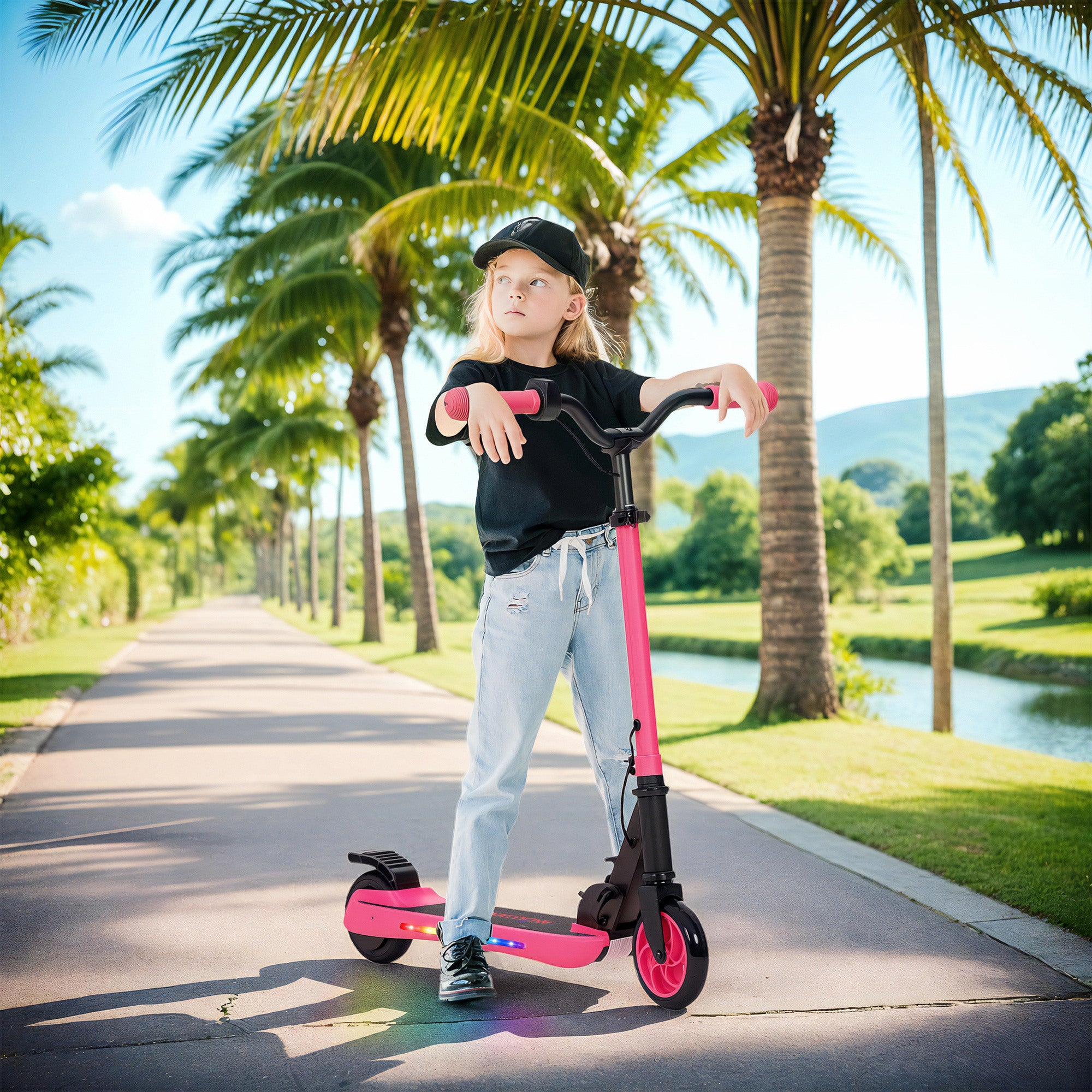 SPORTNOW Folding Electric Scooter MAX 10 KM/H Electric Skateboard for +6 Years 120 W Motor Range 6 KM 5" - 5.5" Wheels Rear Brake Adjustable Height LED Lights and Pink Aluminum Frame