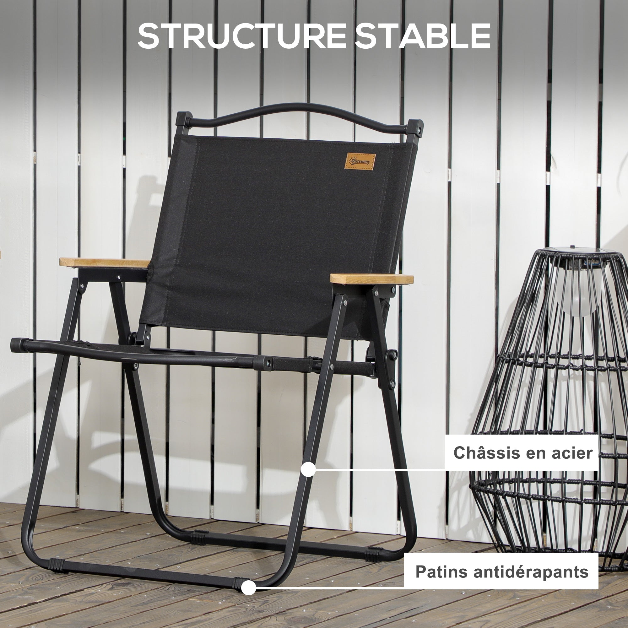 Camping Chair Folding Fishing Chair with Armrests - Oxford Fabric and Steel Frame - 54 x 59 x 78 cm - Black