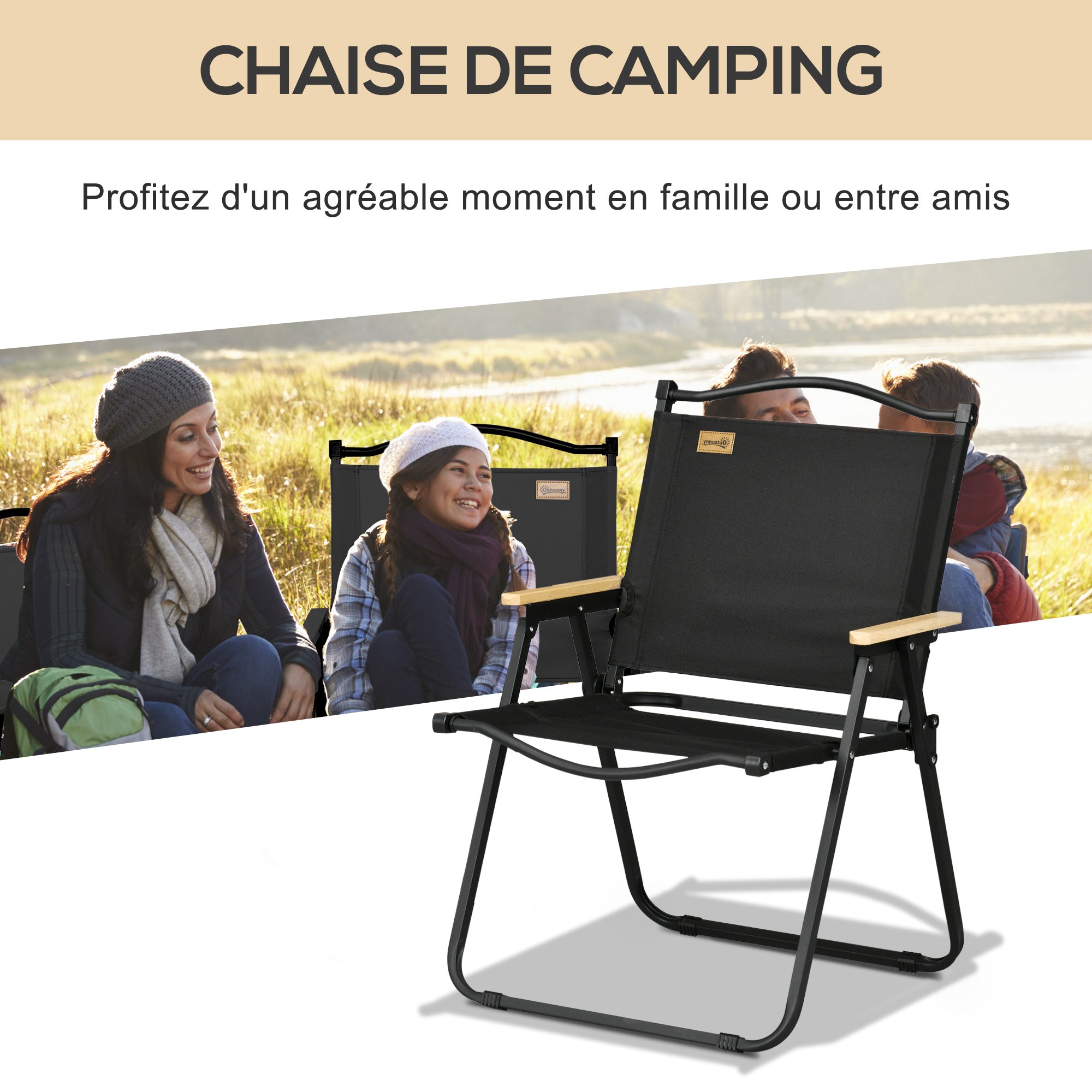 Camping Chair Folding Fishing Chair with Armrests - Oxford Fabric and Steel Frame - 54 x 59 x 78 cm - Black