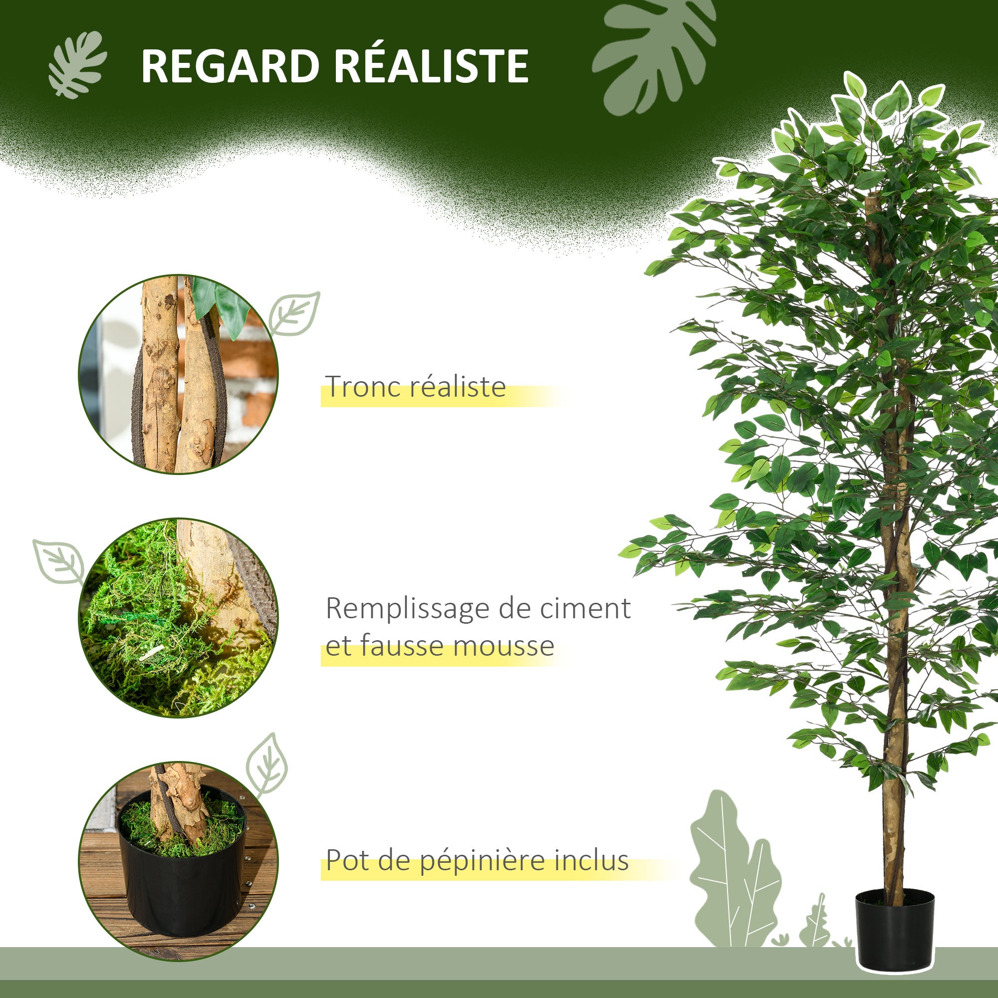 Set of 2 artificial plants artificial trees ficus height 1.80m trunk branches vine lichen leaves highly realistic pot included, indoor, green