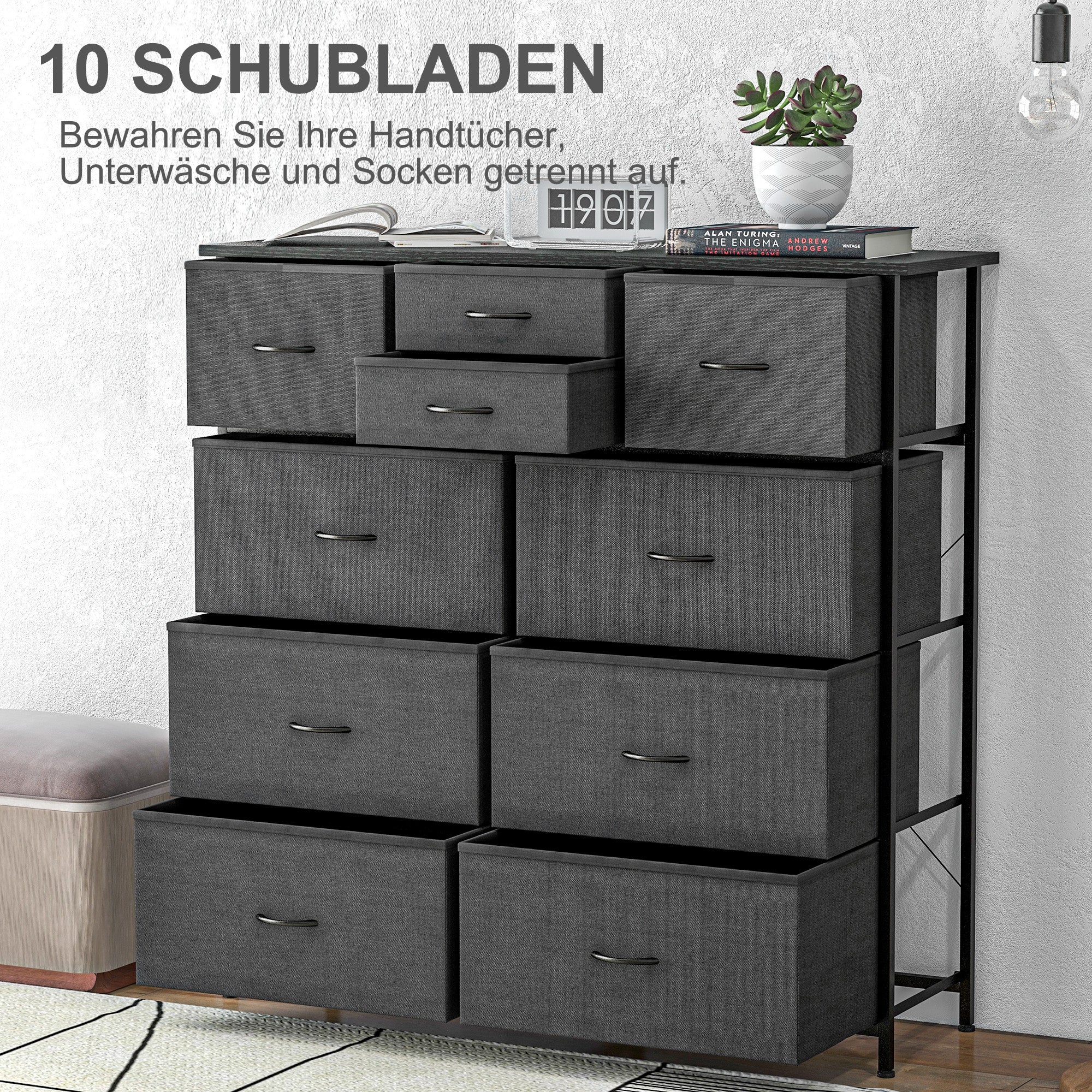 Dresser, Storage Cabinet with 10 Foldable Fabric Drawers, Sideboard in Modern Style for Living Room, Bedroom, Steel, Black