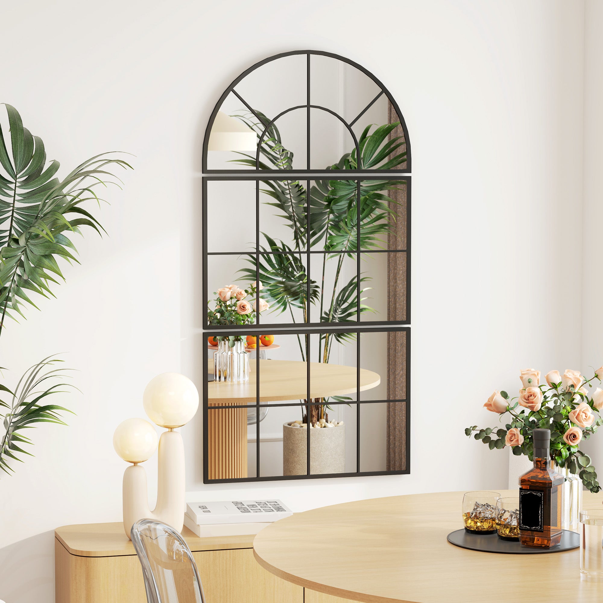 Three-Piece Wall Mirror, Arched Mirror with Metal Frame, Decorative Window Mirrors, Hanging Mirror for Bathroom Living Room Black