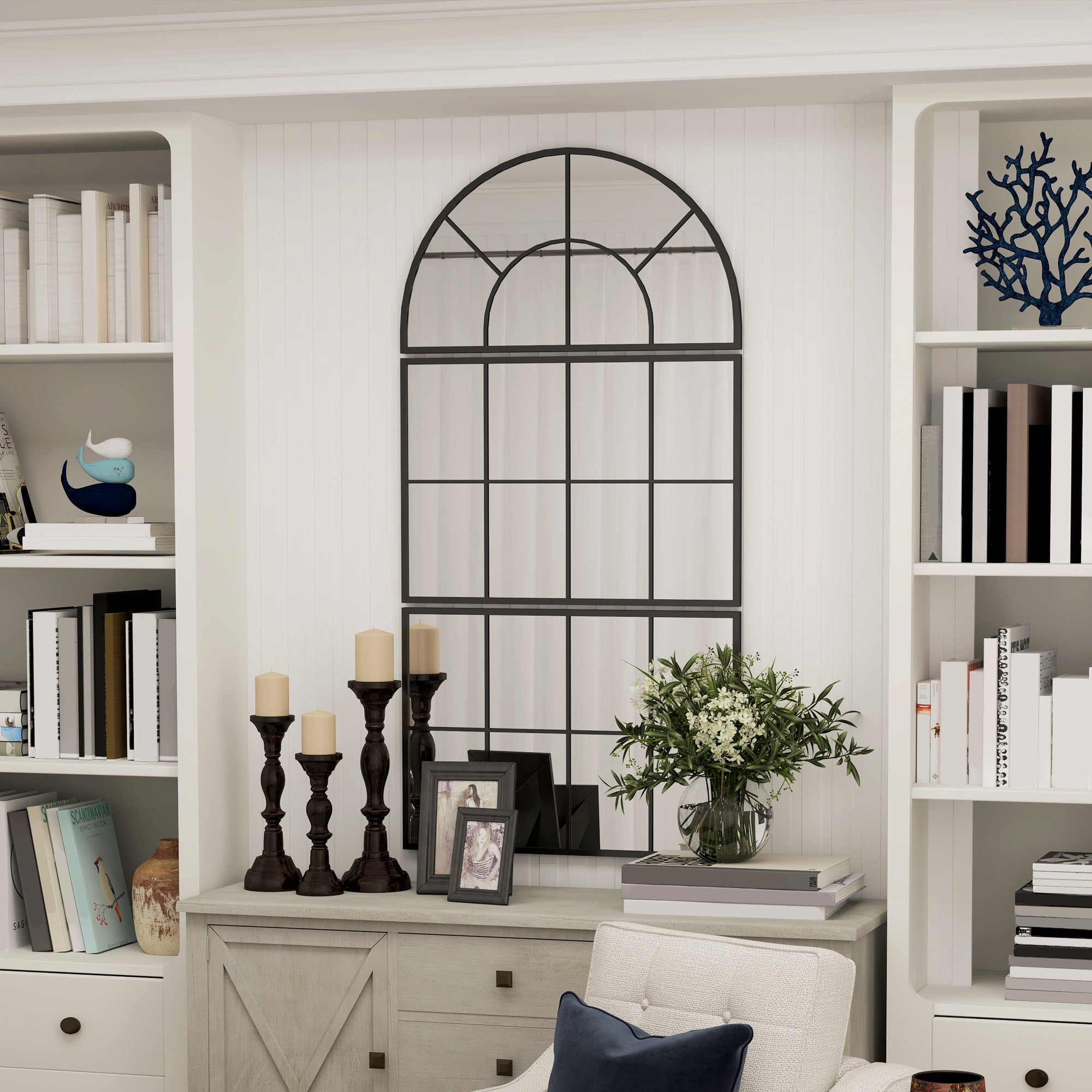 Three-Piece Wall Mirror, Arched Mirror with Metal Frame, Decorative Window Mirrors, Hanging Mirror for Bathroom Living Room Black