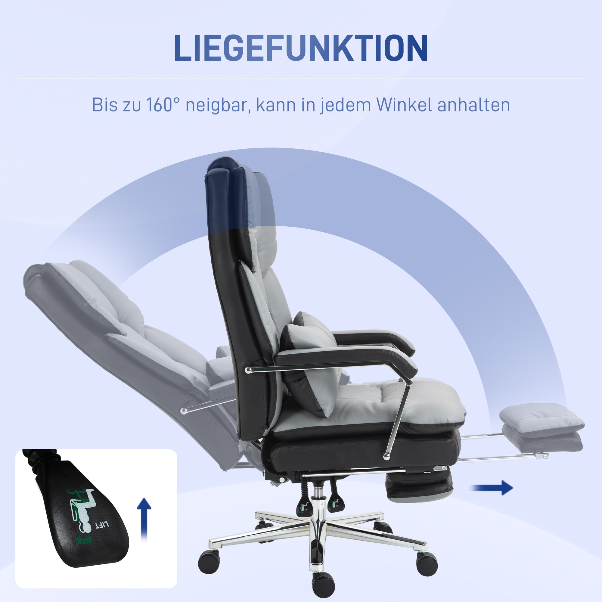 Office Chair, Ergonomic Desk Chair with Rocking Function, Armrest, Footrest, Reclining Computer Chair with Lumbar Pillow, up to 120 kg Load, Faux Leather, Gray