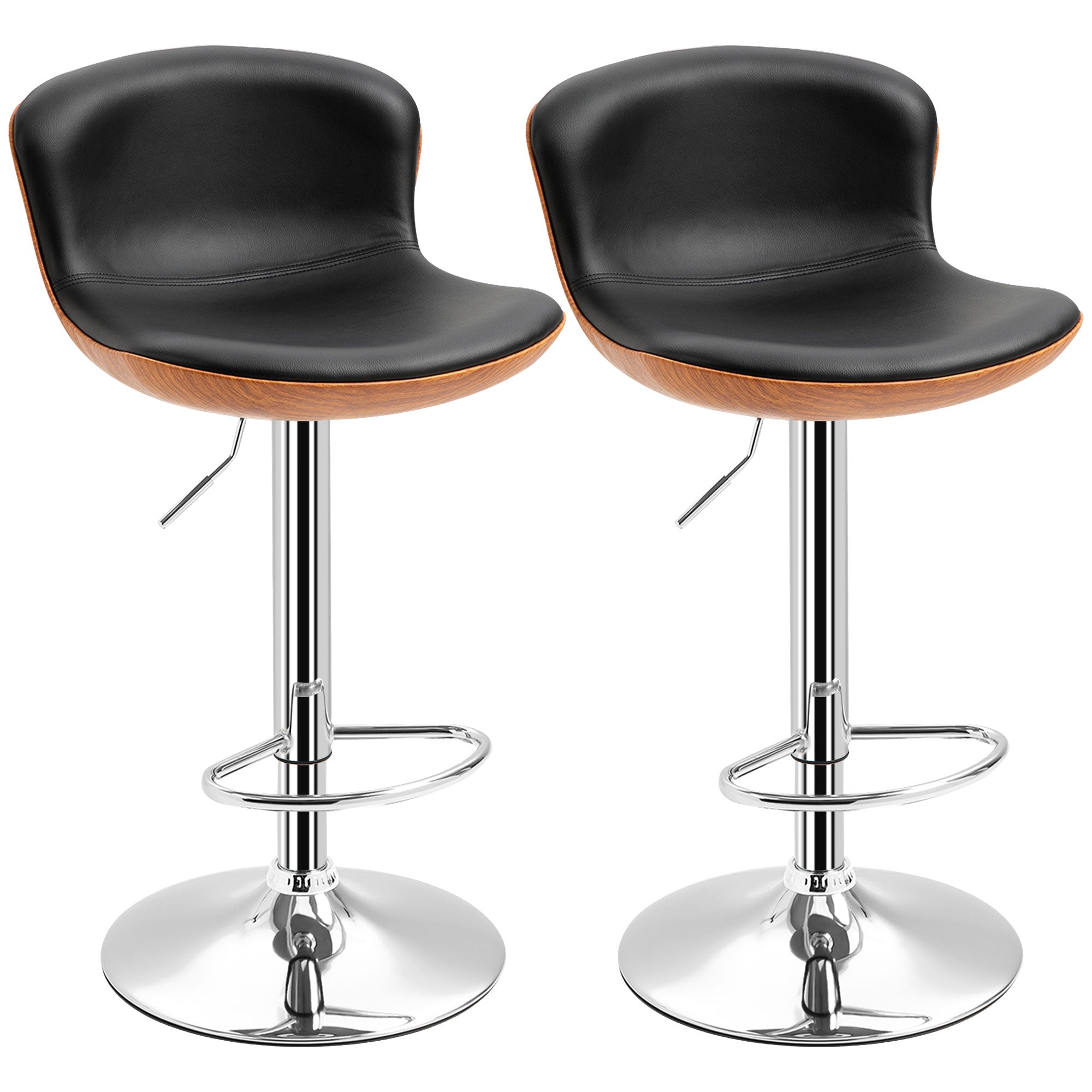 Set of 2 Contemporary Design Bar Stools Height Adjustable 64-85 cm Swivel 360° Synthetic Leather Black Imitation Wood
