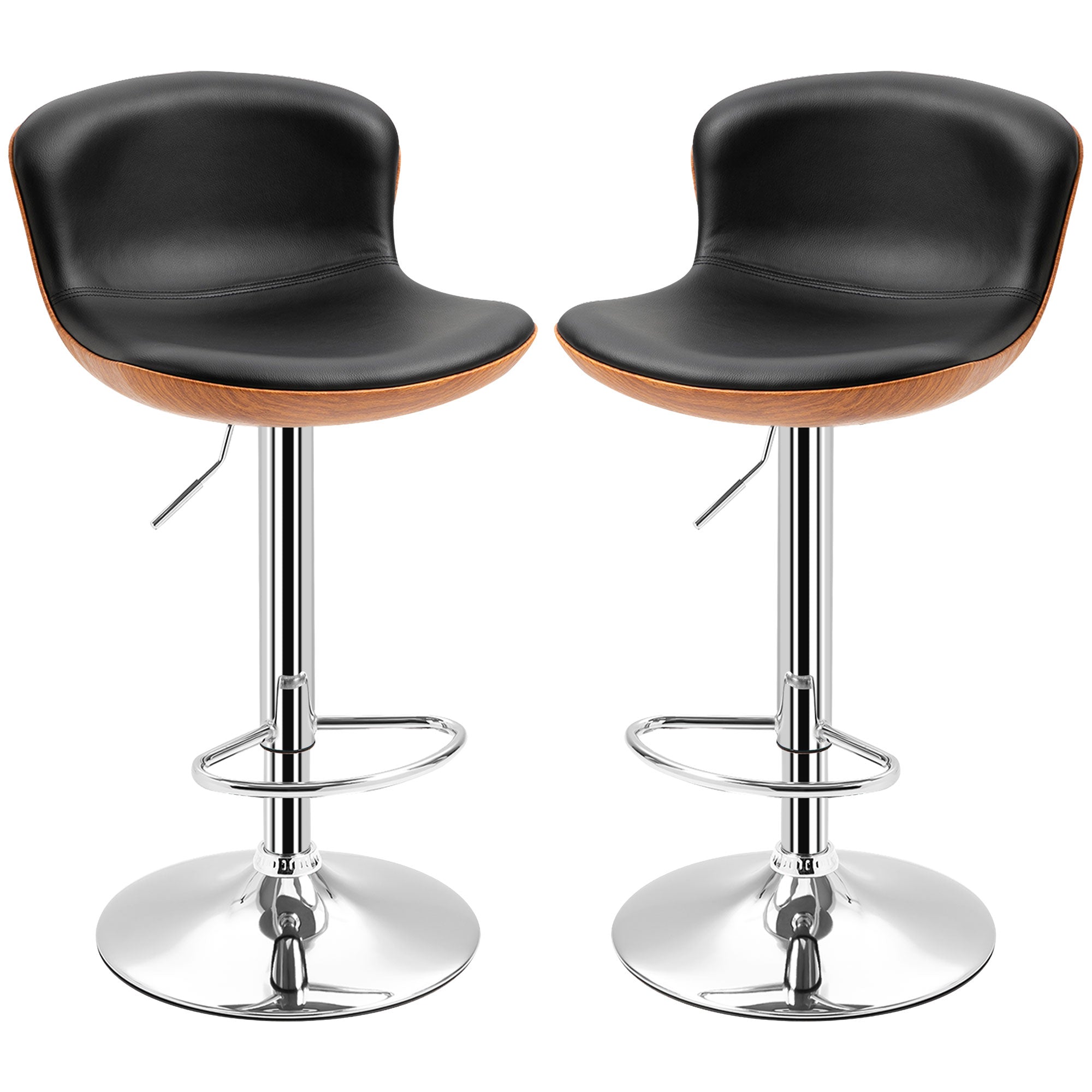 Set of 2 Contemporary Design Bar Stools Height Adjustable 64-85 cm Swivel 360° Synthetic Leather Black Imitation Wood