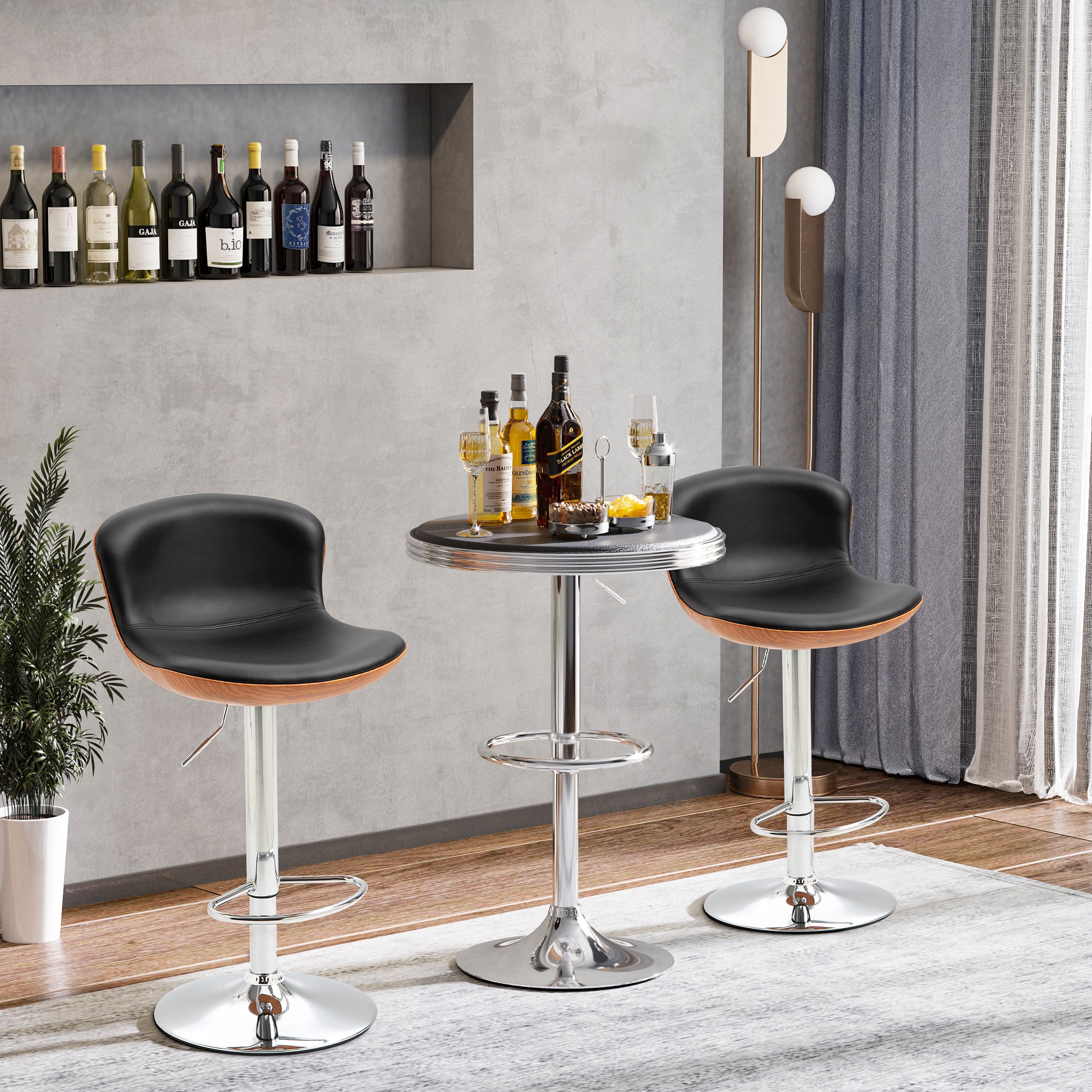 Set of 2 Contemporary Design Bar Stools Height Adjustable 64-85 cm Swivel 360° Synthetic Leather Black Imitation Wood