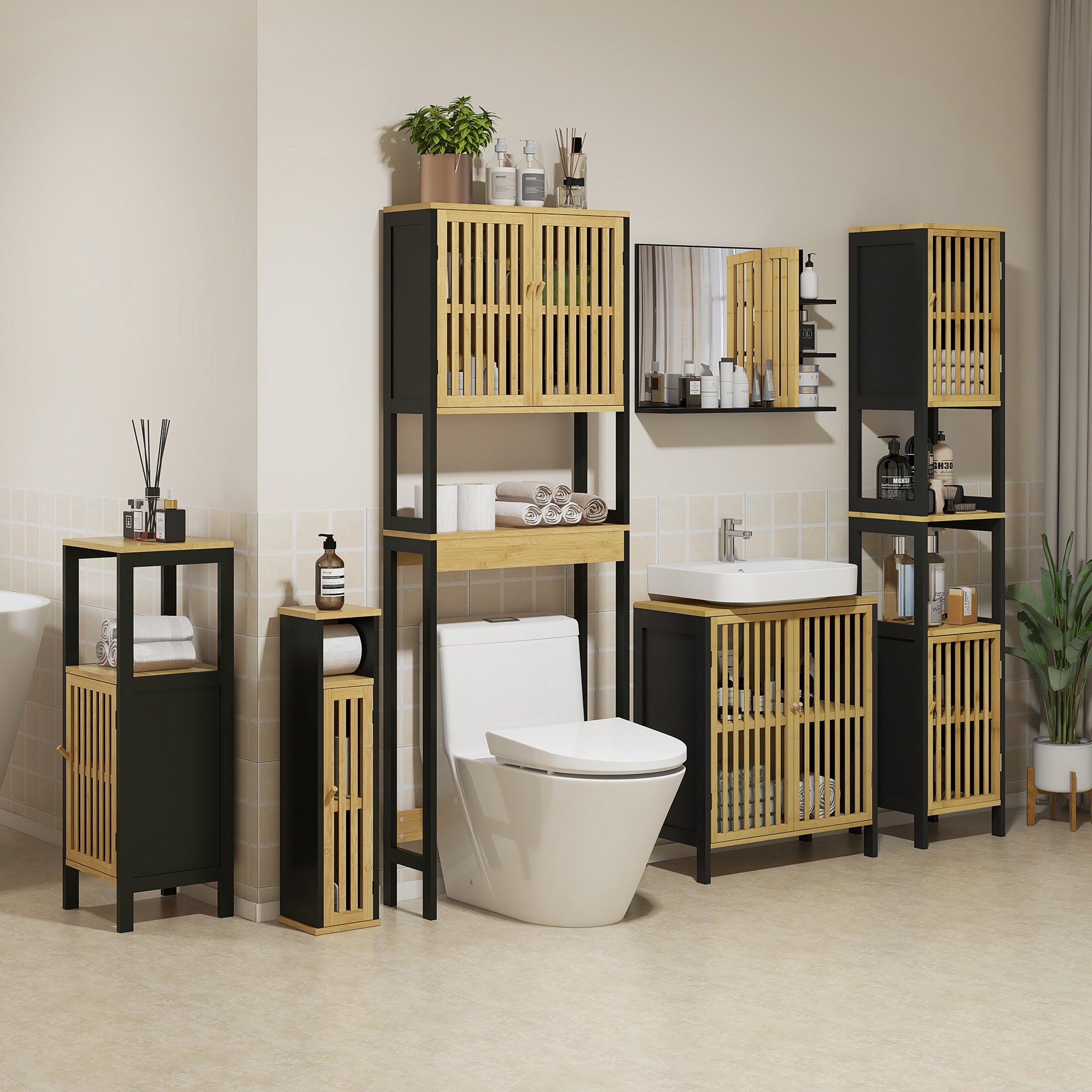 Over-the-Toilet Shelf Bathroom Cabinet with 2 Doors Cupboard and Open Shelf 60L x 21.5W x 172H cm Bamboo - Natural Wood and Black