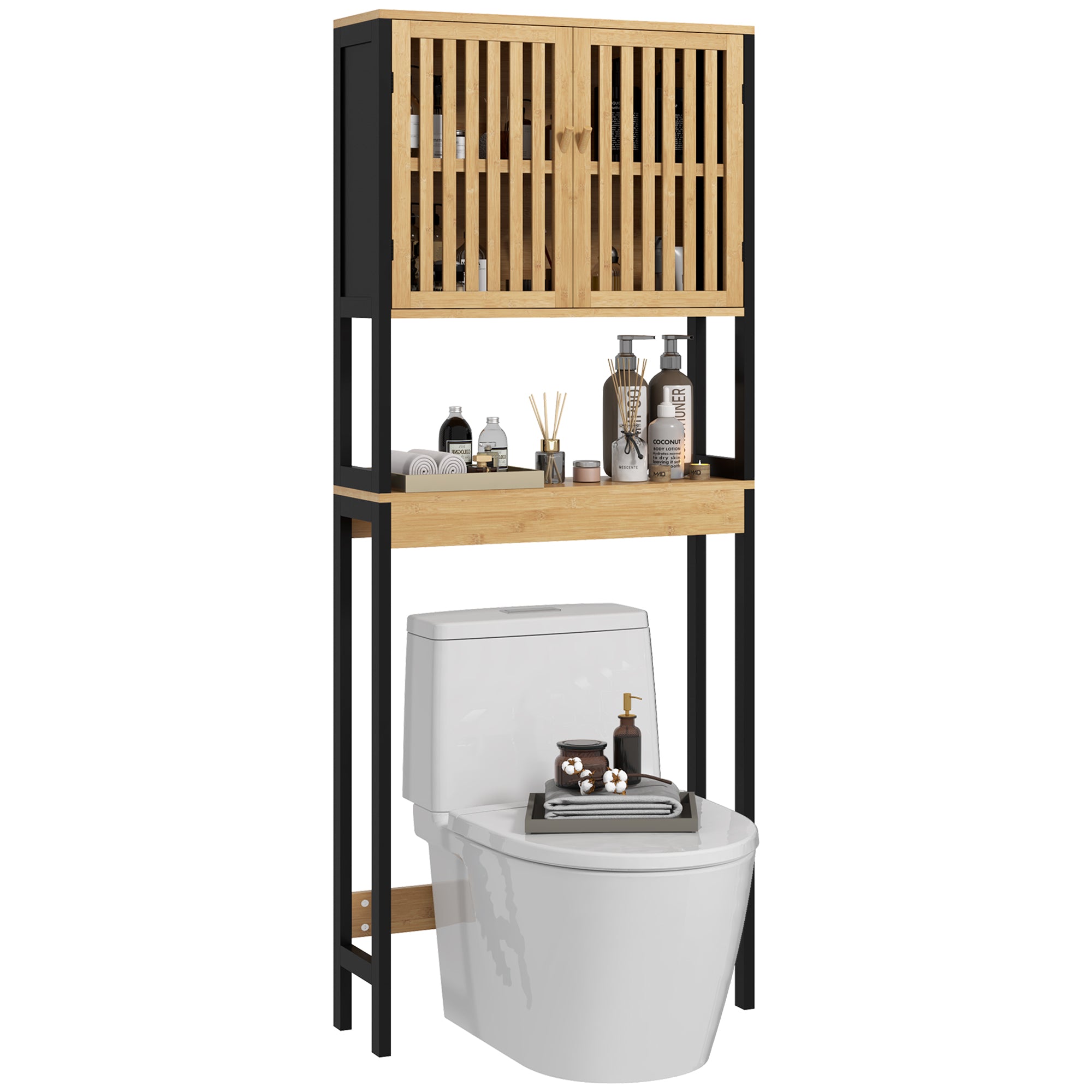 Over-the-Toilet Shelf Bathroom Cabinet with 2 Doors Cupboard and Open Shelf 60L x 21.5W x 172H cm Bamboo - Natural Wood and Black