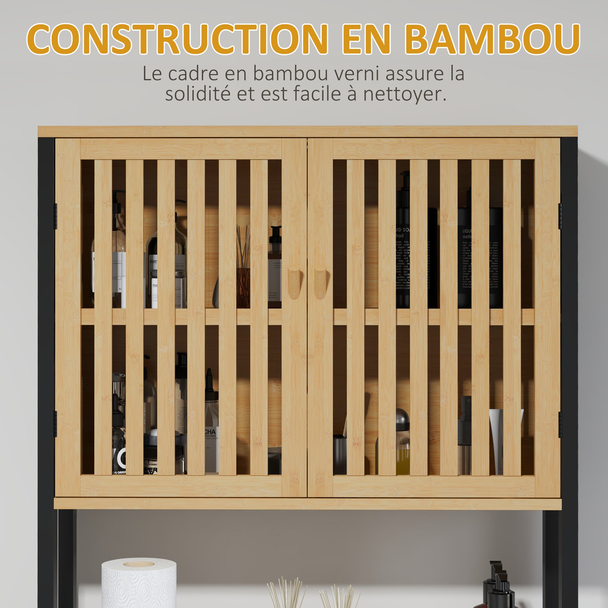 Over-the-Toilet Shelf Bathroom Cabinet with 2 Doors Cupboard and Open Shelf 60L x 21.5W x 172H cm Bamboo - Natural Wood and Black