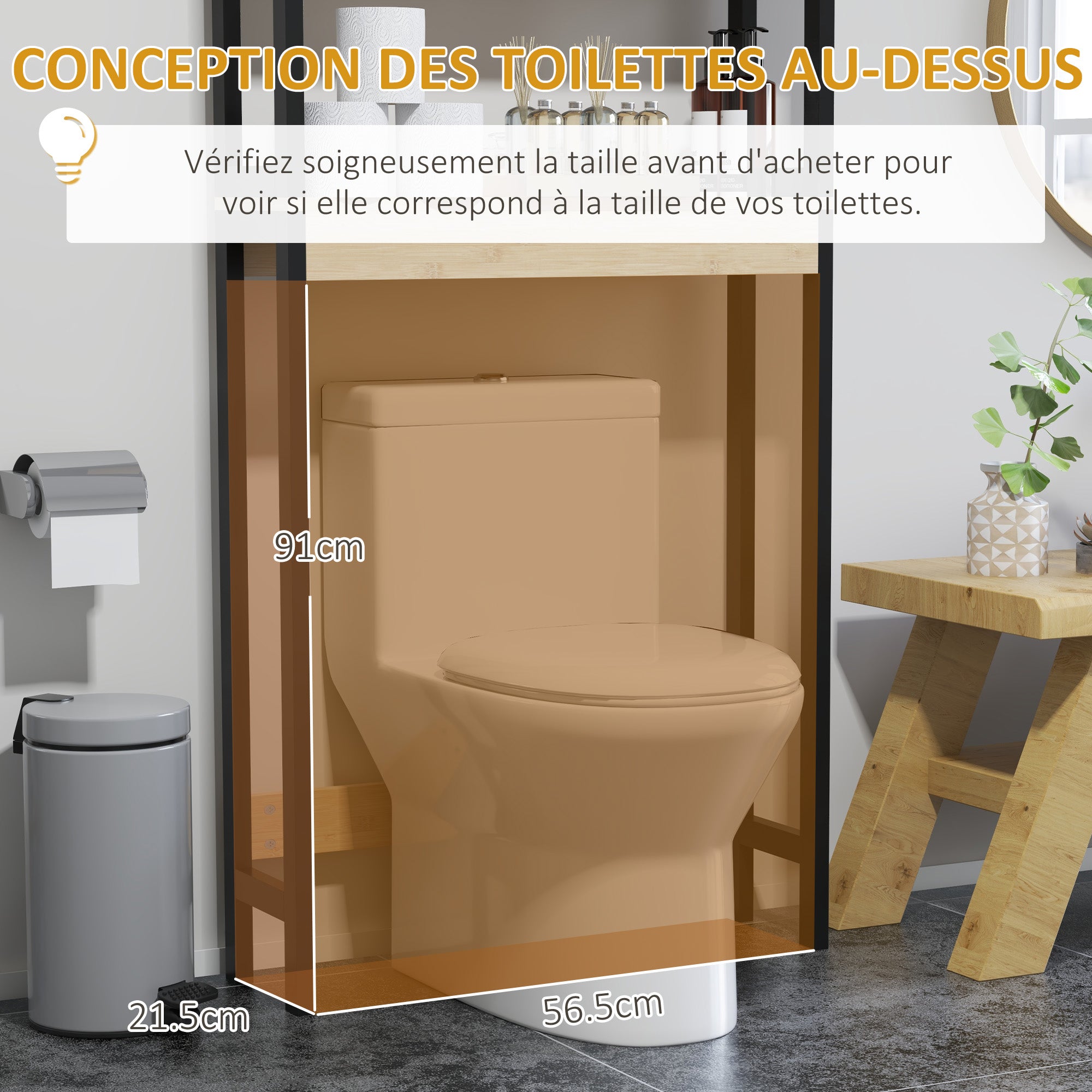 Over-the-Toilet Shelf Bathroom Cabinet with 2 Doors Cupboard and Open Shelf 60L x 21.5W x 172H cm Bamboo - Natural Wood and Black