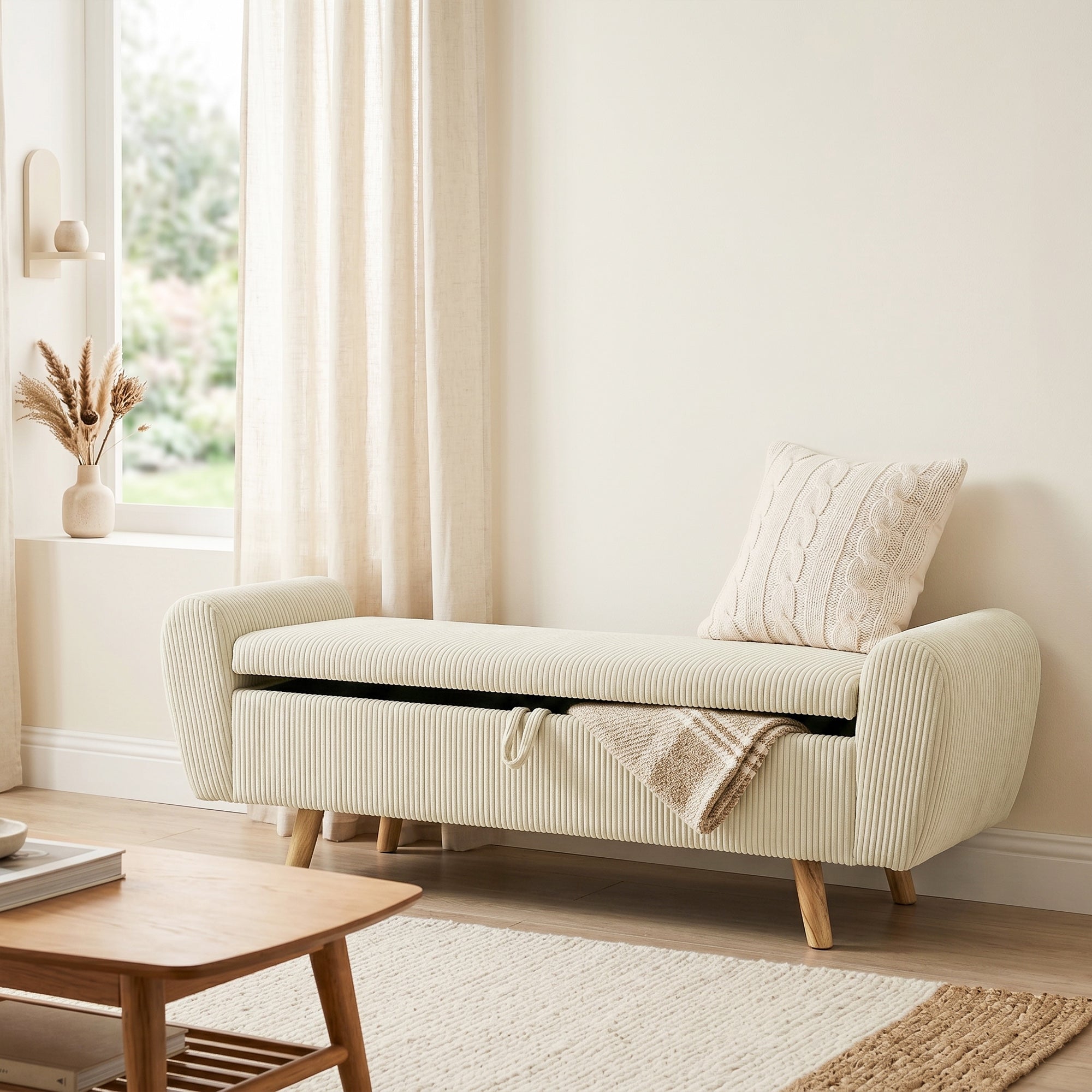 73 L Storage Bench, 59 x 17.7 x 20 in (150 x 45 x 51 cm), Upholstered Corduroy Velvet with Armrests and Hevea Wood Legs, Beige