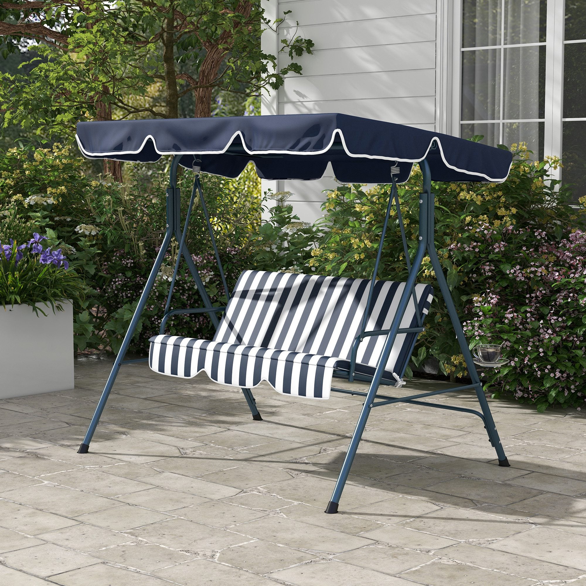 Hollywood Swing 3-Seater Garden Swing with Adjustable Roof, Water-Resistant Swing Bench Up to 240 kg Load Capacity, for Garden, Balcony, Mesh, Blue