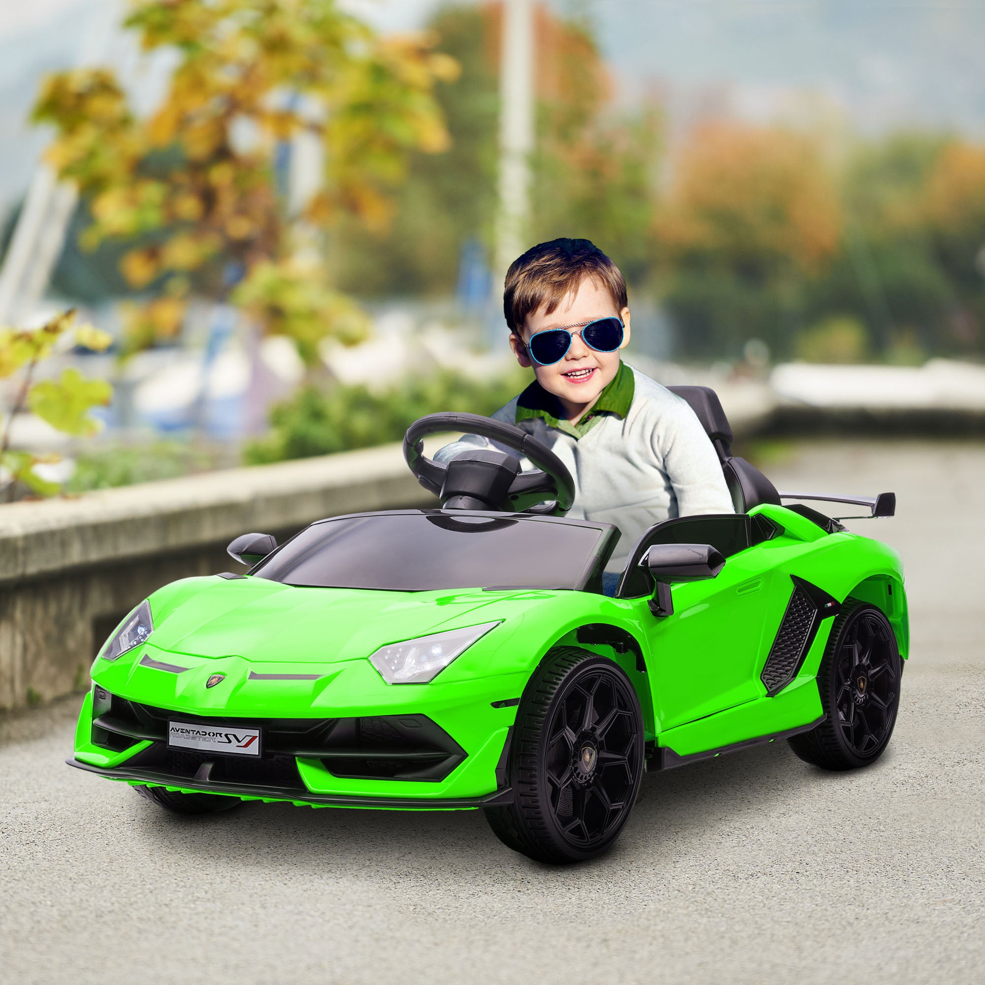 Kids' Electric Car, Lamborghini Aventador SVJ license, 12V with butterfly doors, LED remote control, music, USB, speed 3-5 Km/H, green