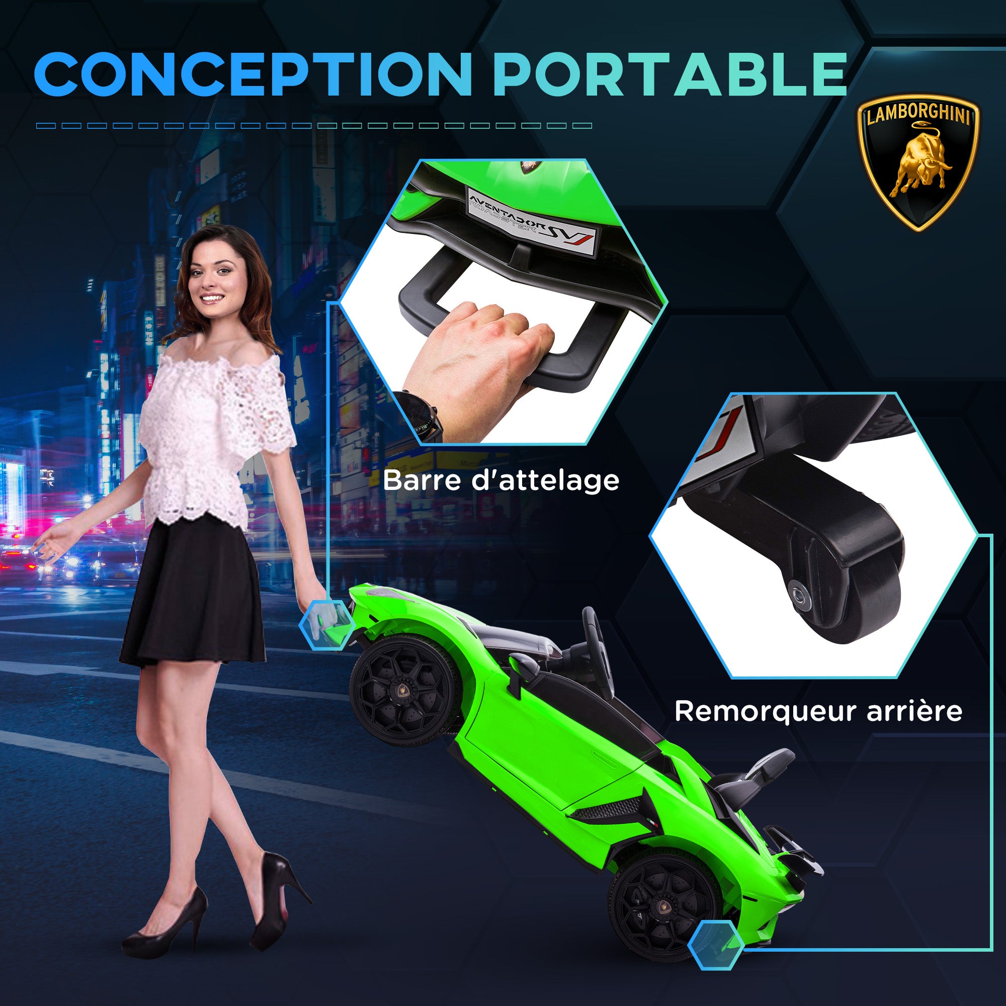 Kids' Electric Car, Lamborghini Aventador SVJ license, 12V with butterfly doors, LED remote control, music, USB, speed 3-5 Km/H, green