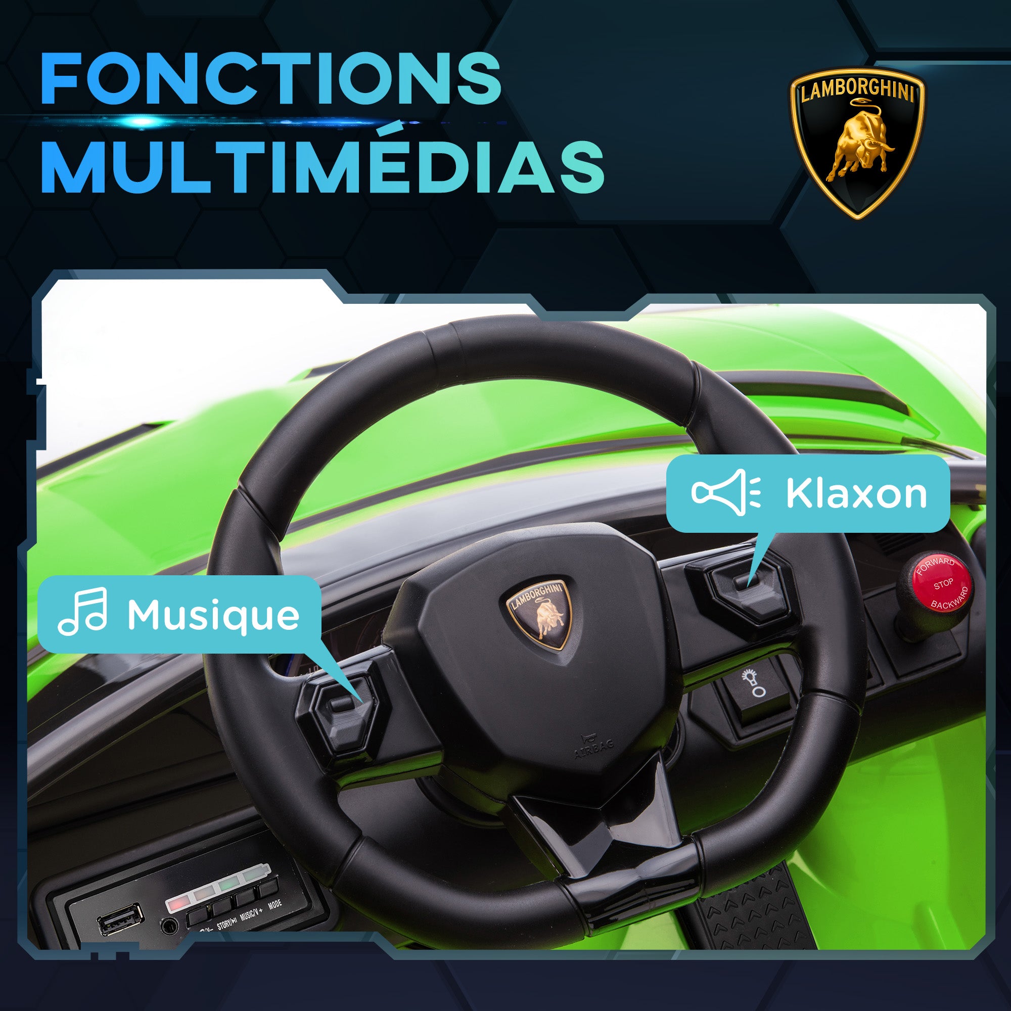 Kids' Electric Car, Lamborghini Aventador SVJ license, 12V with butterfly doors, LED remote control, music, USB, speed 3-5 Km/H, green