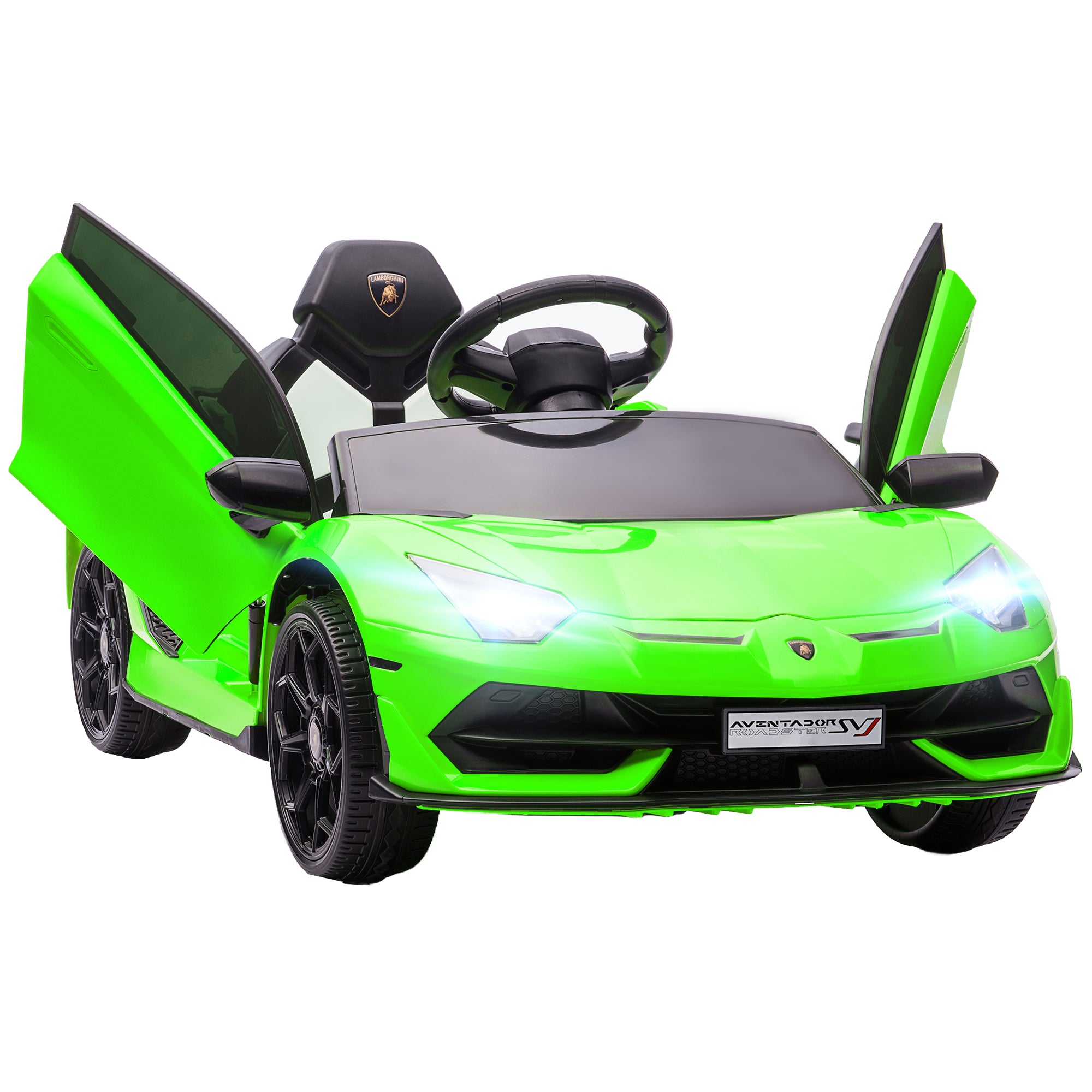 Kids' Electric Car, Lamborghini Aventador SVJ license, 12V with butterfly doors, LED remote control, music, USB, speed 3-5 Km/H, green