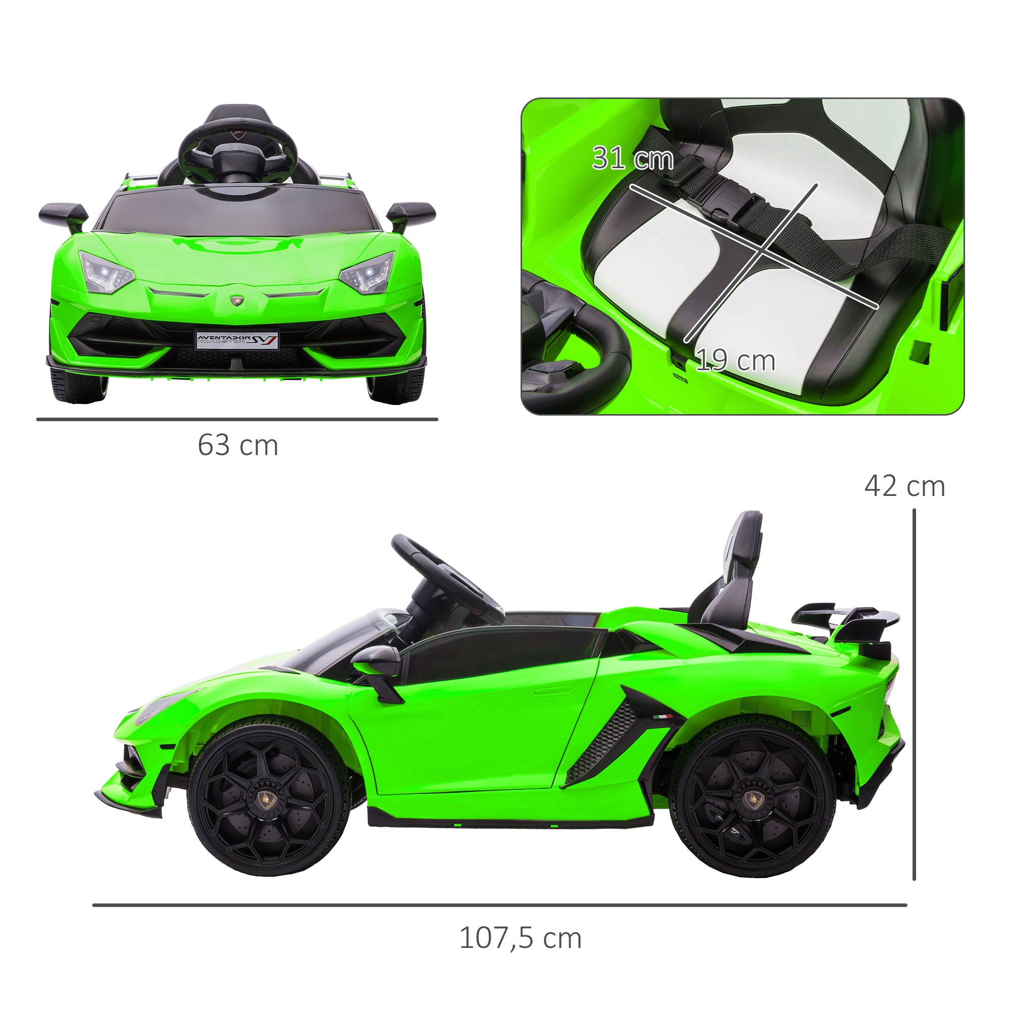 Kids' Electric Car, Lamborghini Aventador SVJ license, 12V with butterfly doors, LED remote control, music, USB, speed 3-5 Km/H, green