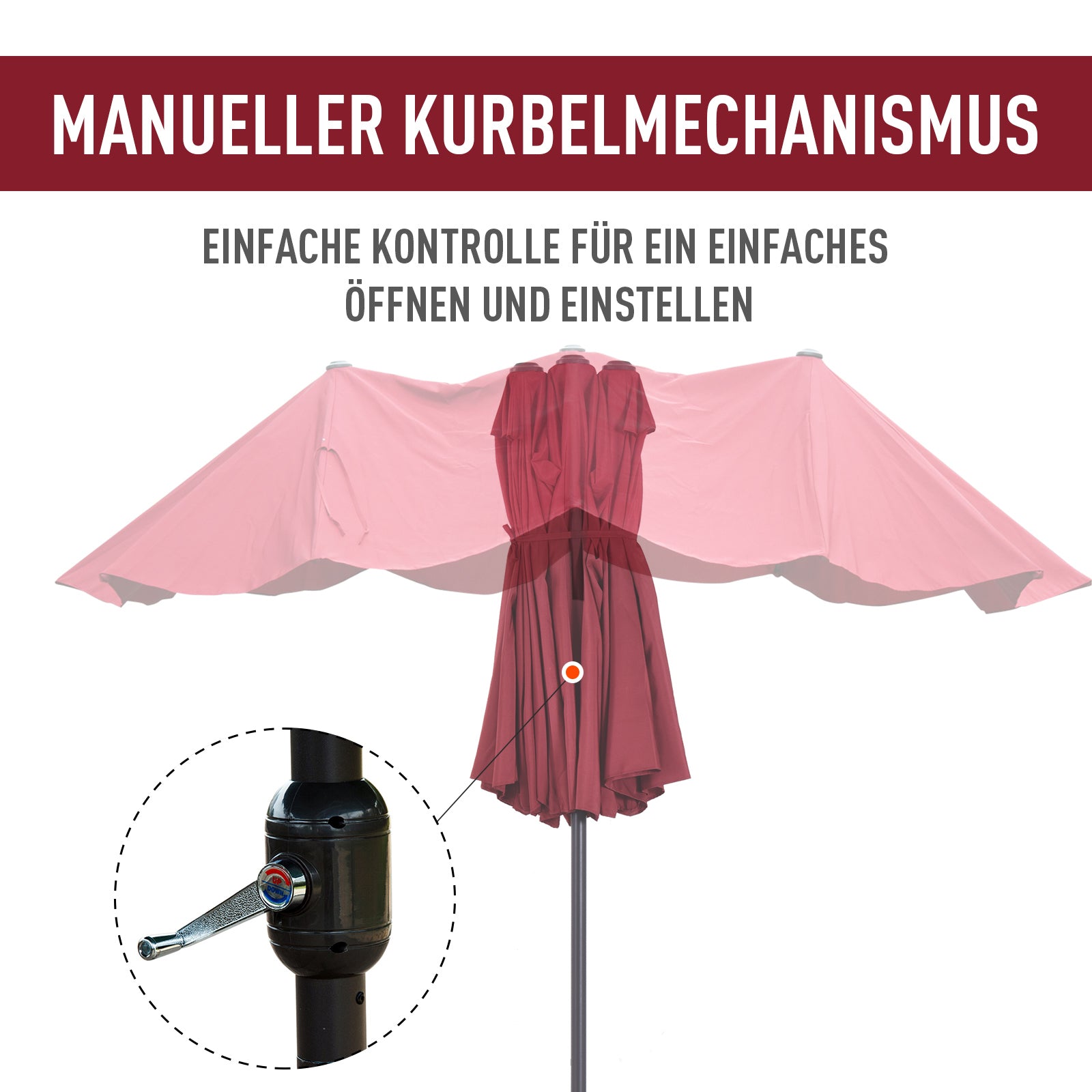 Double Sun Umbrella 455 x 265 cm, UV Protection Sunshade with Crank, Balcony Umbrella Beach Umbrella Windproof Crank Umbrella Sun Protection for Beach Balcony Garden, Burgundy