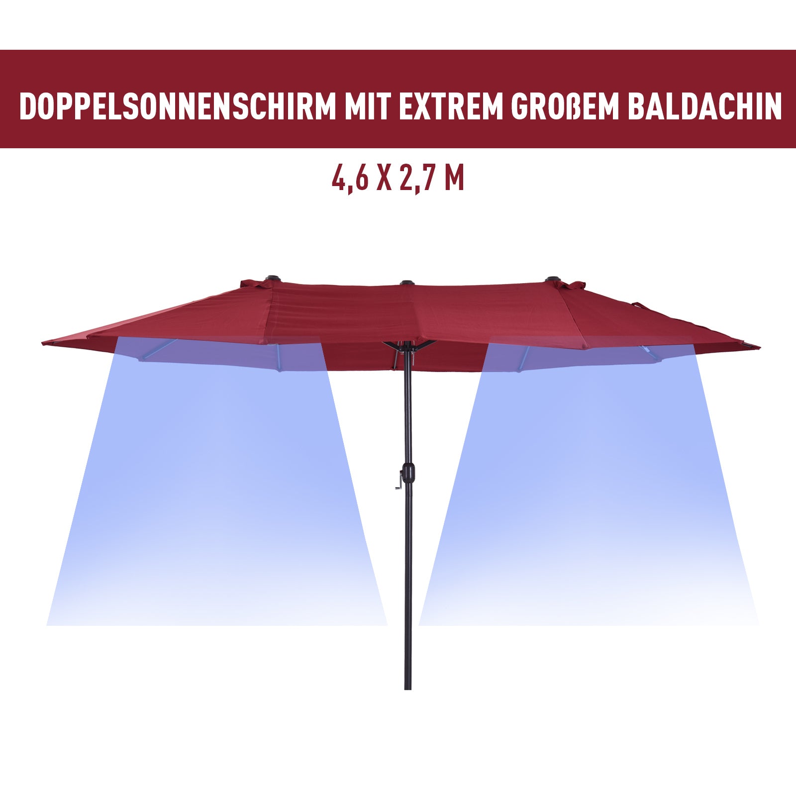 Double Sun Umbrella 455 x 265 cm, UV Protection Sunshade with Crank, Balcony Umbrella Beach Umbrella Windproof Crank Umbrella Sun Protection for Beach Balcony Garden, Burgundy