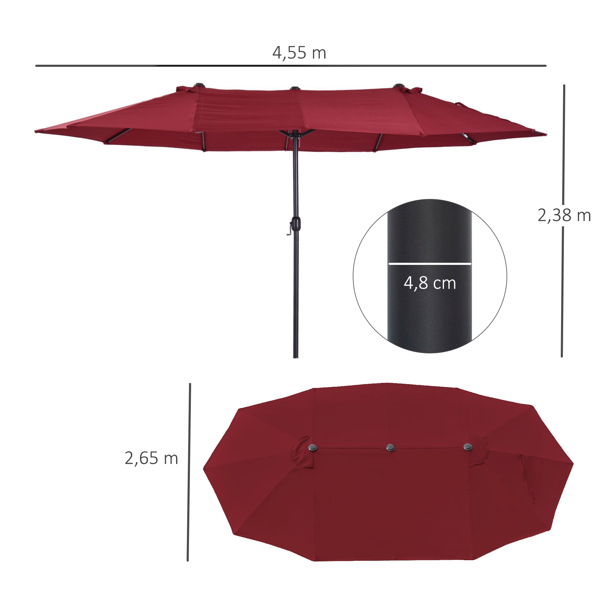 Double Sun Umbrella 455 x 265 cm, UV Protection Sunshade with Crank, Balcony Umbrella Beach Umbrella Windproof Crank Umbrella Sun Protection for Beach Balcony Garden, Burgundy
