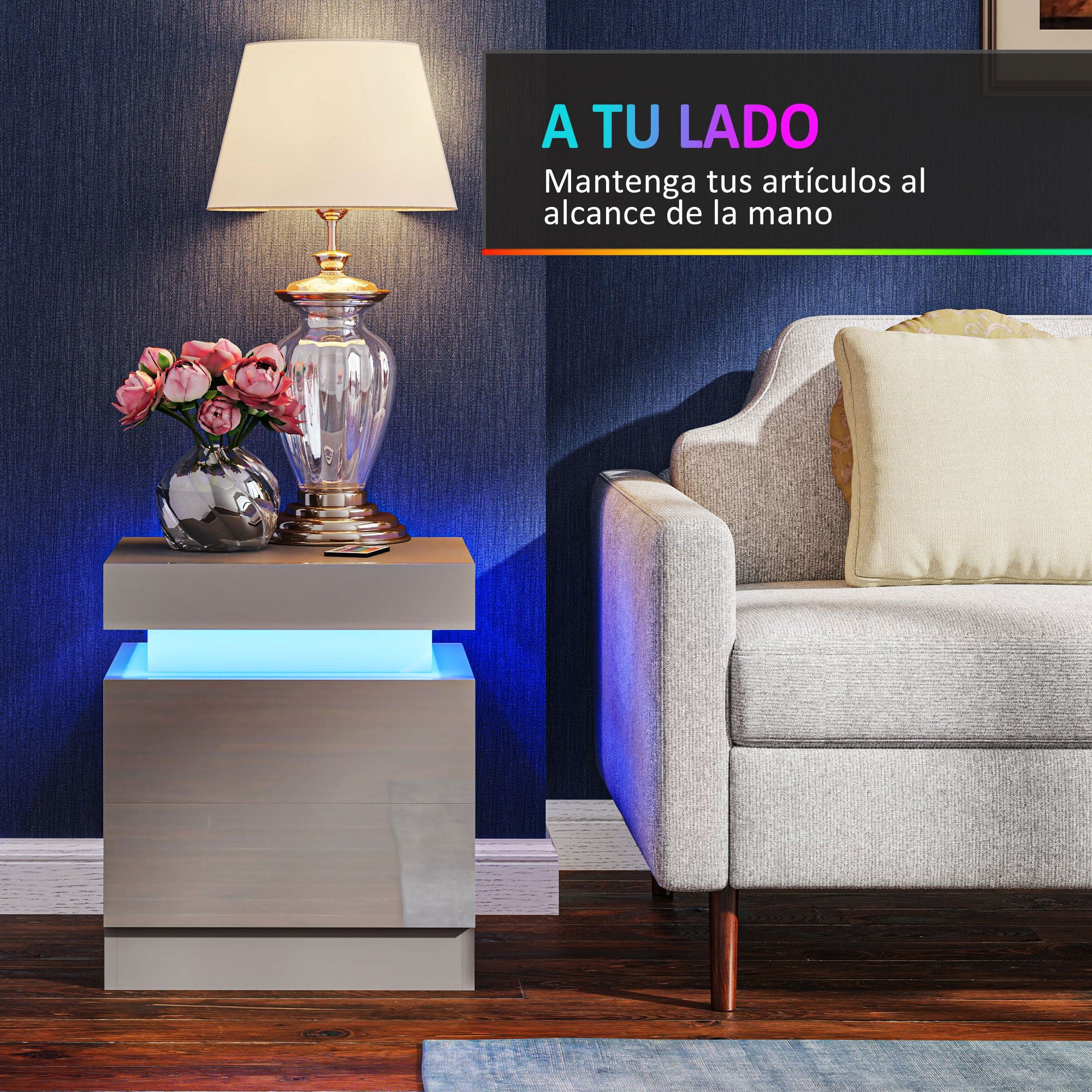 LED Bedside Table Nightstand with 2 Drawers and Remote Control Night Stand Table for Bedroom Living Room 45x35x52 cm Gray