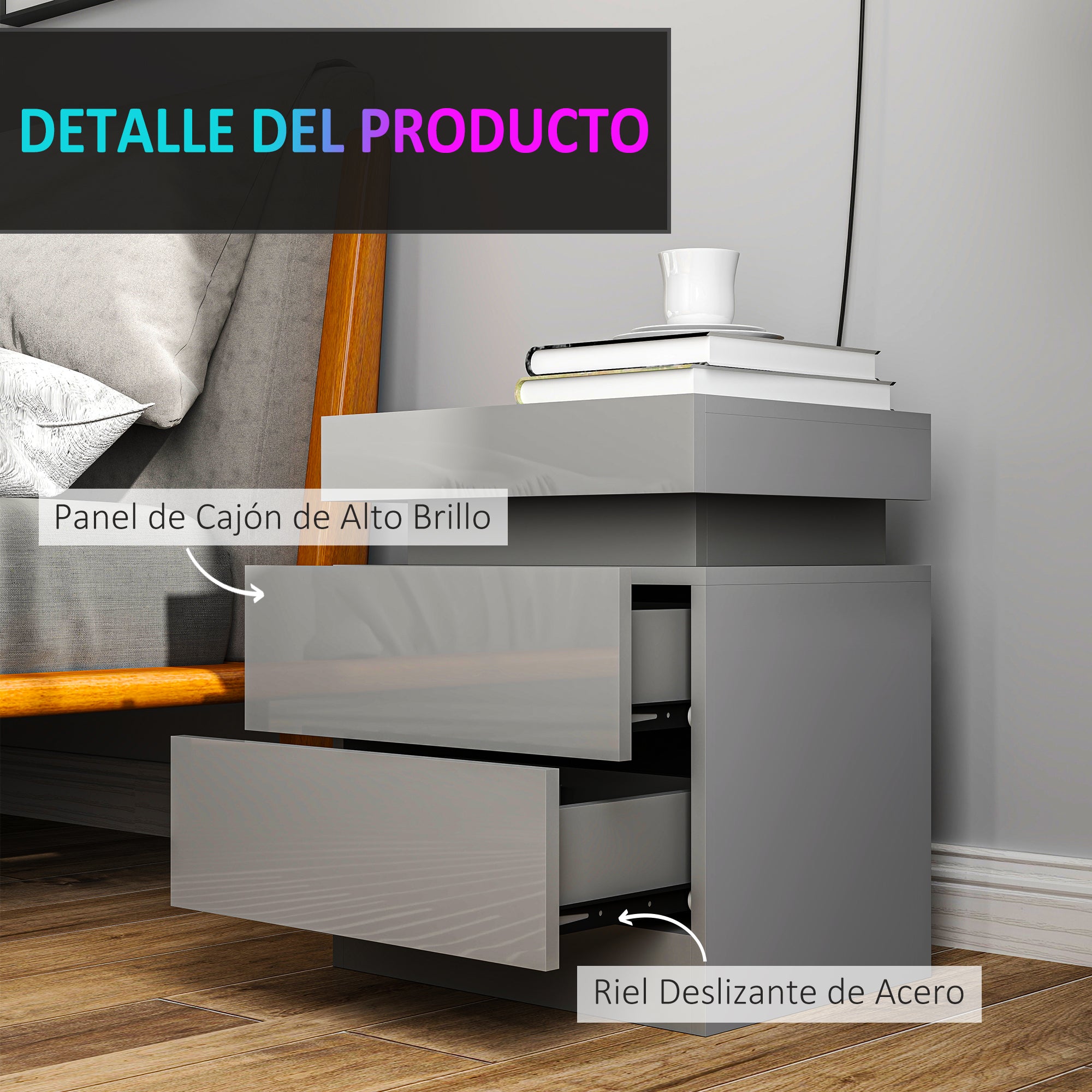 LED Bedside Table Nightstand with 2 Drawers and Remote Control Night Stand Table for Bedroom Living Room 45x35x52 cm Gray