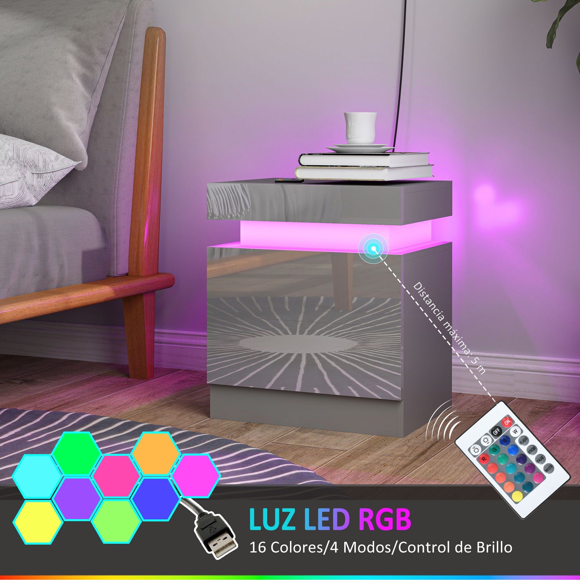 LED Bedside Table Nightstand with 2 Drawers and Remote Control Night Stand Table for Bedroom Living Room 45x35x52 cm Gray