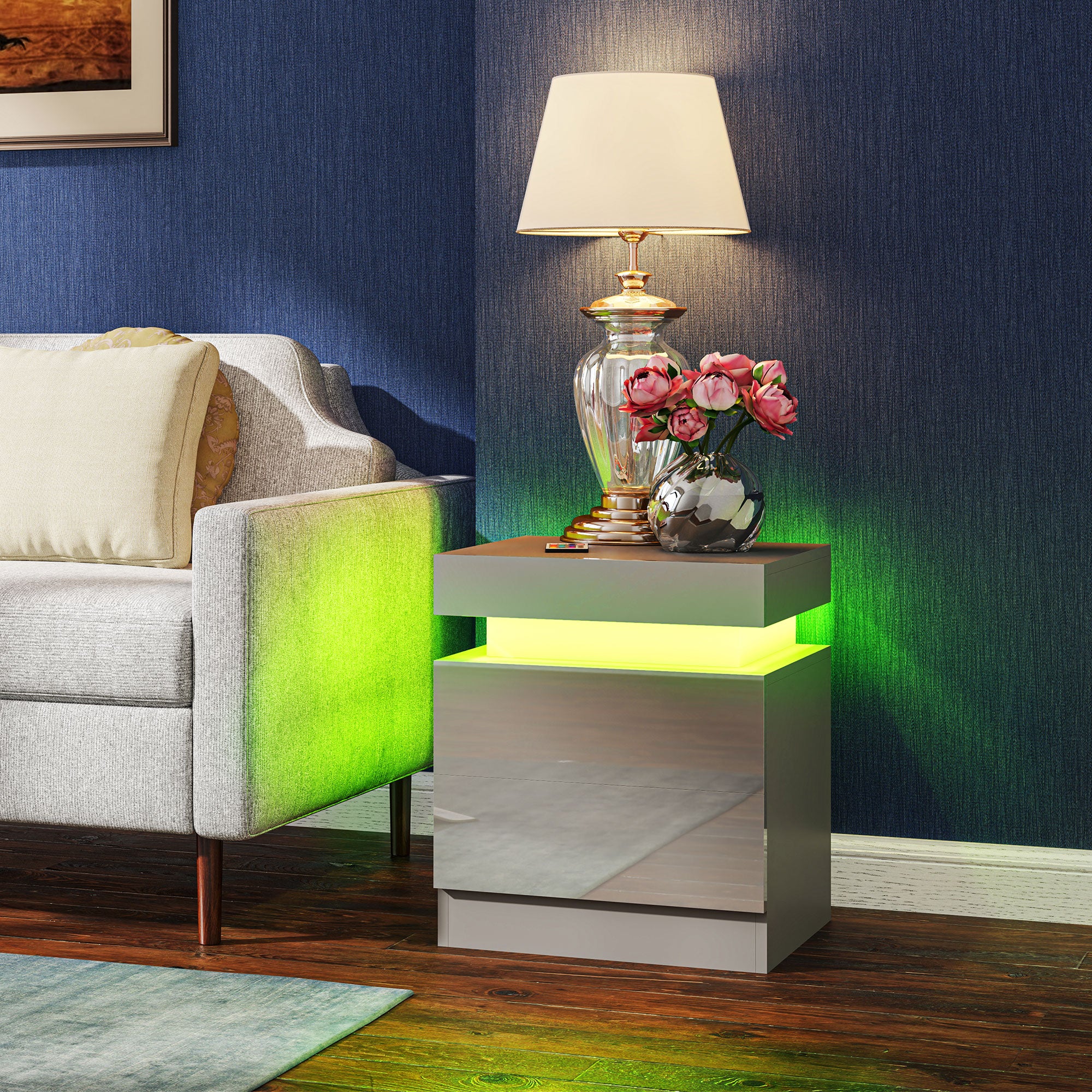 LED Bedside Table Nightstand with 2 Drawers and Remote Control Night Stand Table for Bedroom Living Room 45x35x52 cm Gray