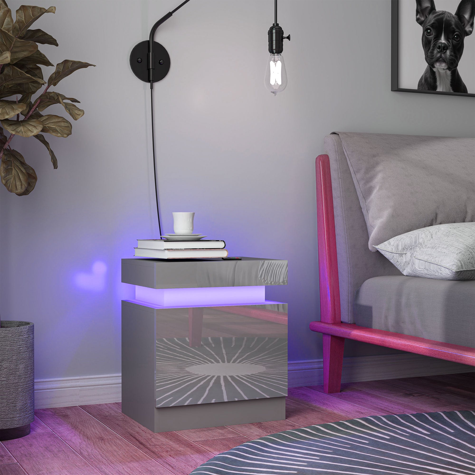 LED Bedside Table Nightstand with 2 Drawers and Remote Control Night Stand Table for Bedroom Living Room 45x35x52 cm Gray