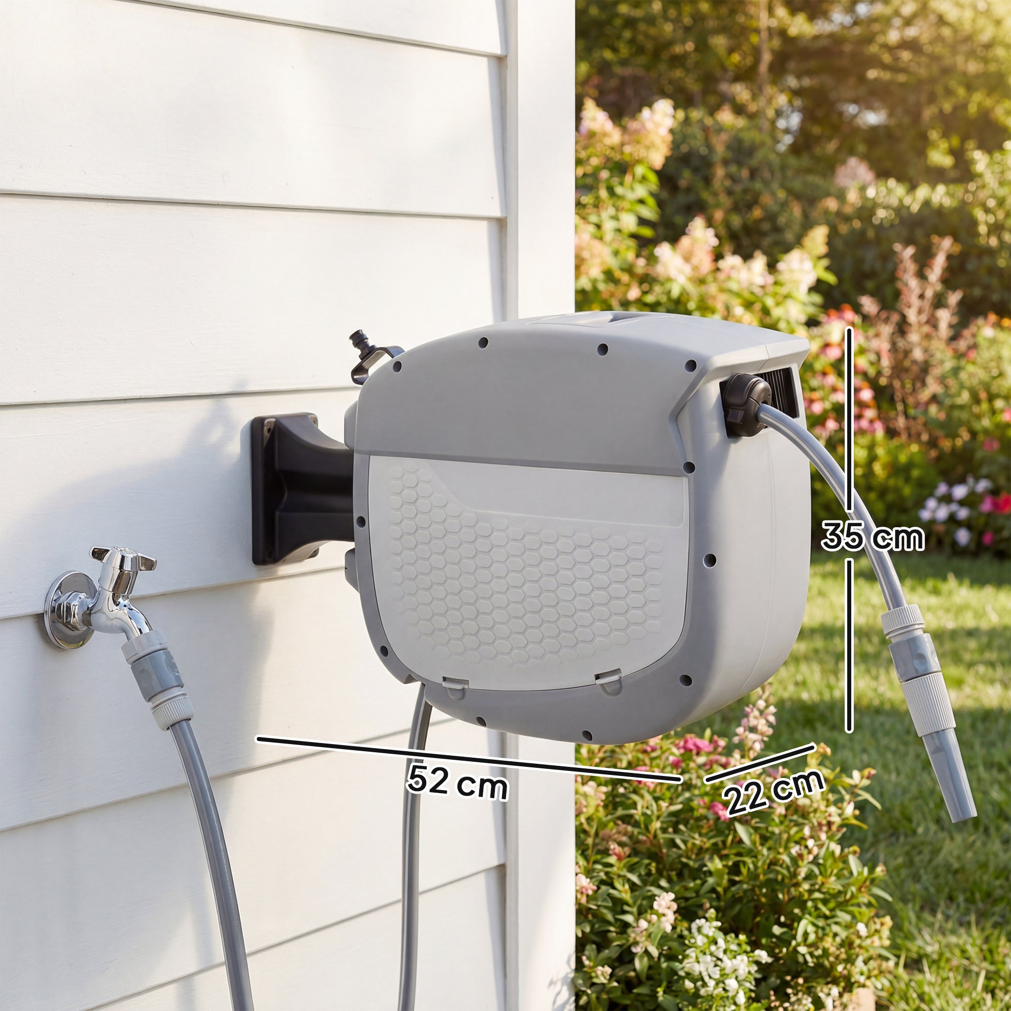 Retractable Garden Hose Reel 20 m + 1.9 m, 2-Mode Nozzle, Wall-Mount with Auto-Lock and Controlled Rewind, 180° Swivel, Gray