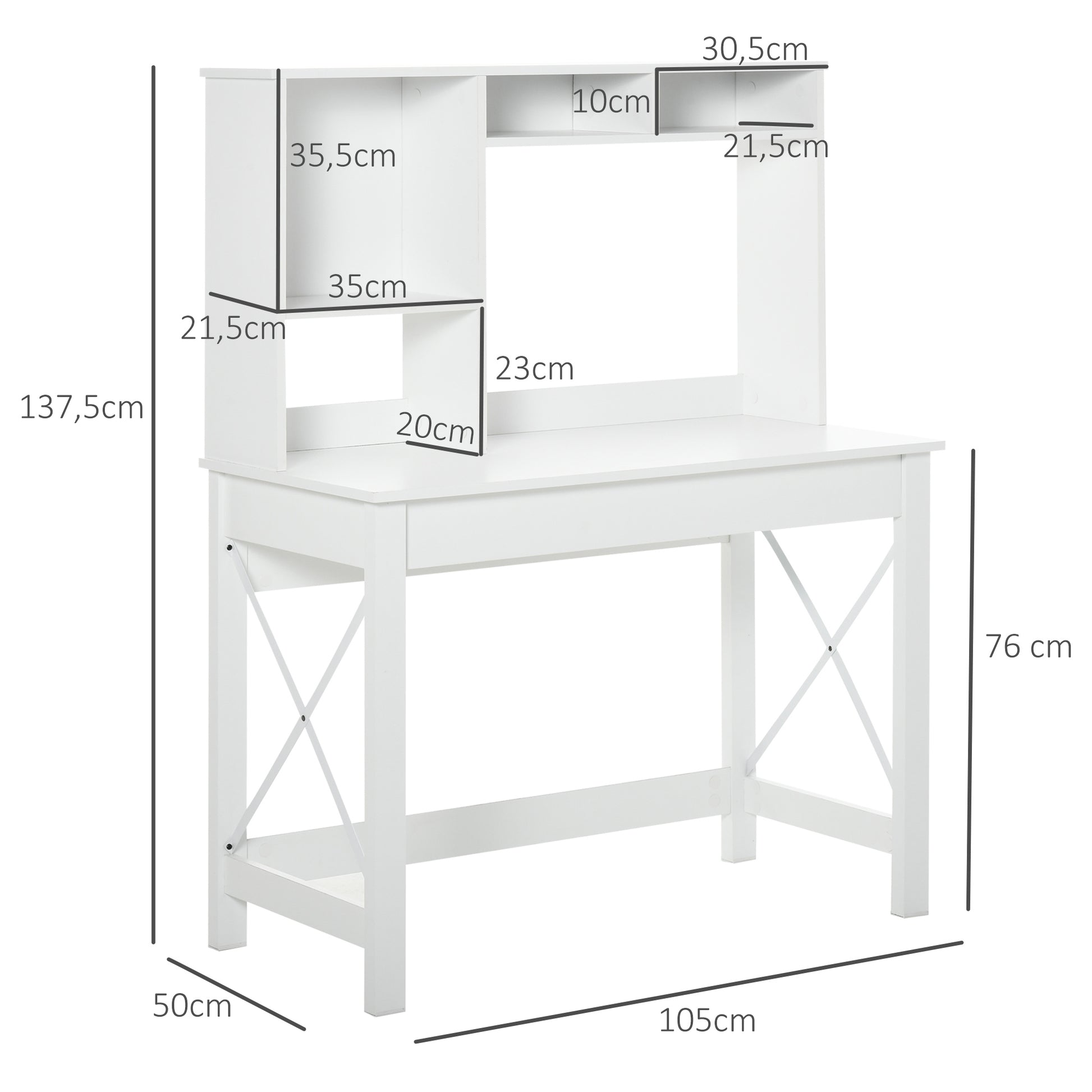 Desk with Storage, Bookshelf, Modern Wooden Desk with Shelves and Large Desk for Small Spaces Home Office Bedroom, 105 x 50 x 137.5 cm, White