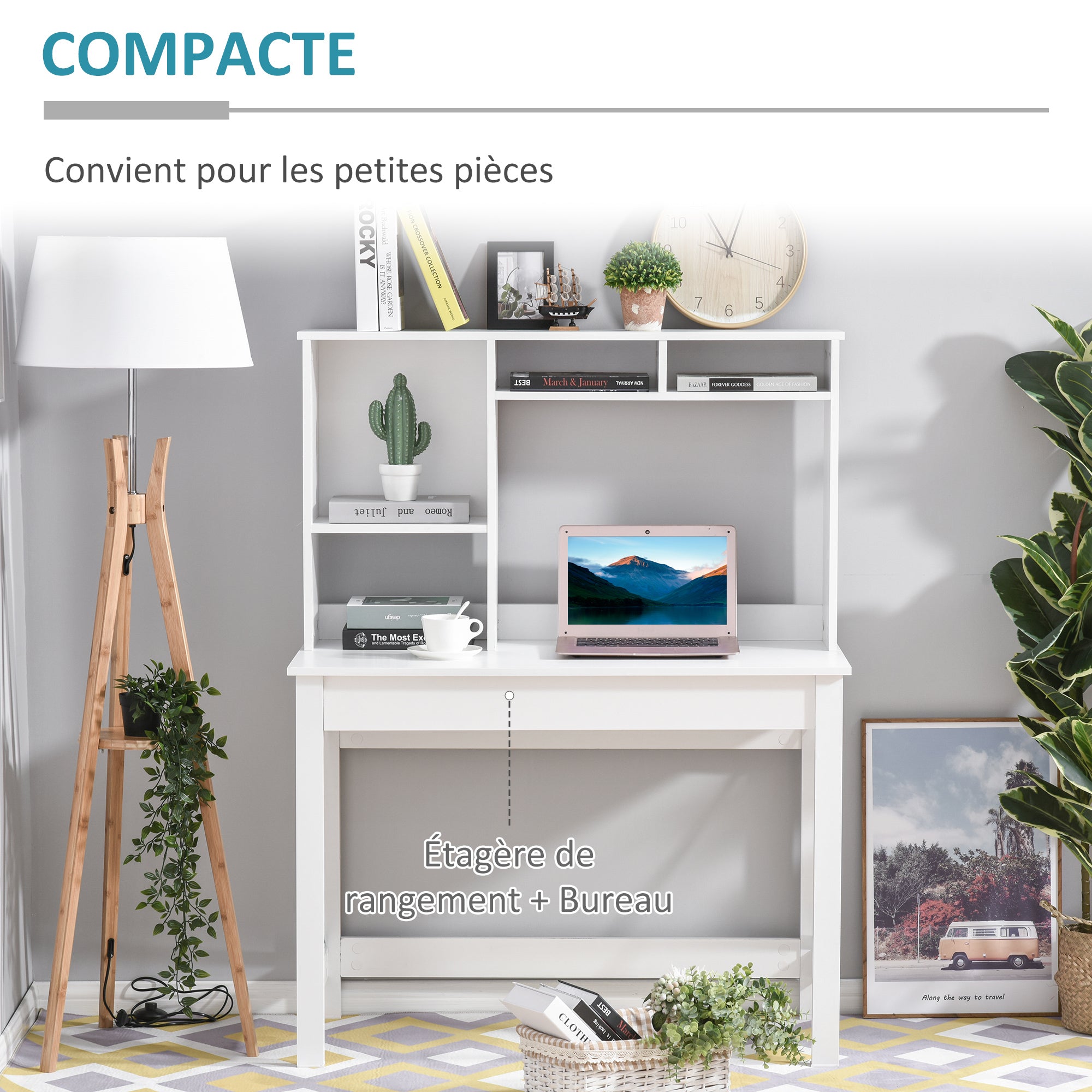 Desk with Storage, Bookshelf, Modern Wooden Desk with Shelves and Large Desk for Small Spaces Home Office Bedroom, 105 x 50 x 137.5 cm, White