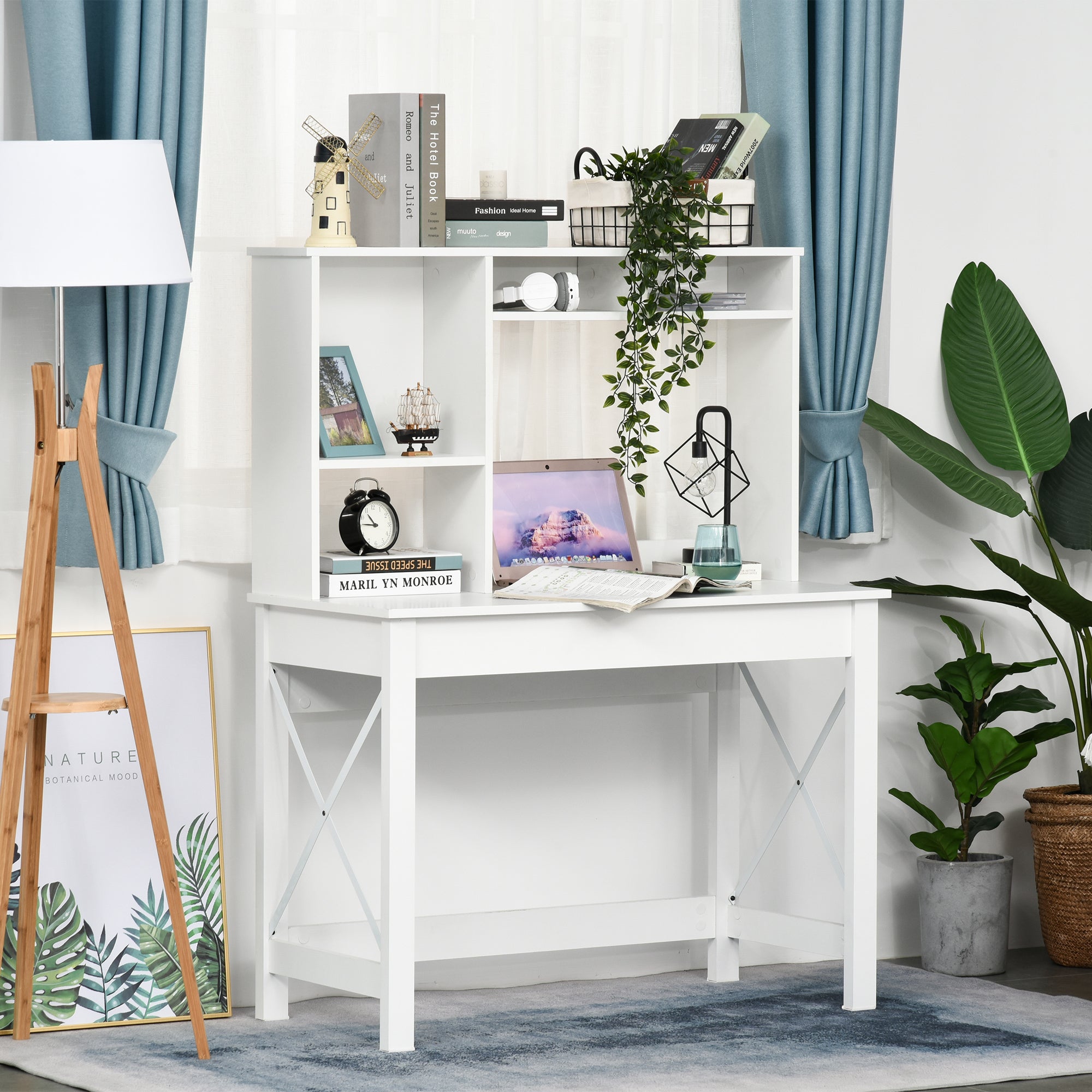 Desk with Storage, Bookshelf, Modern Wooden Desk with Shelves and Large Desk for Small Spaces Home Office Bedroom, 105 x 50 x 137.5 cm, White